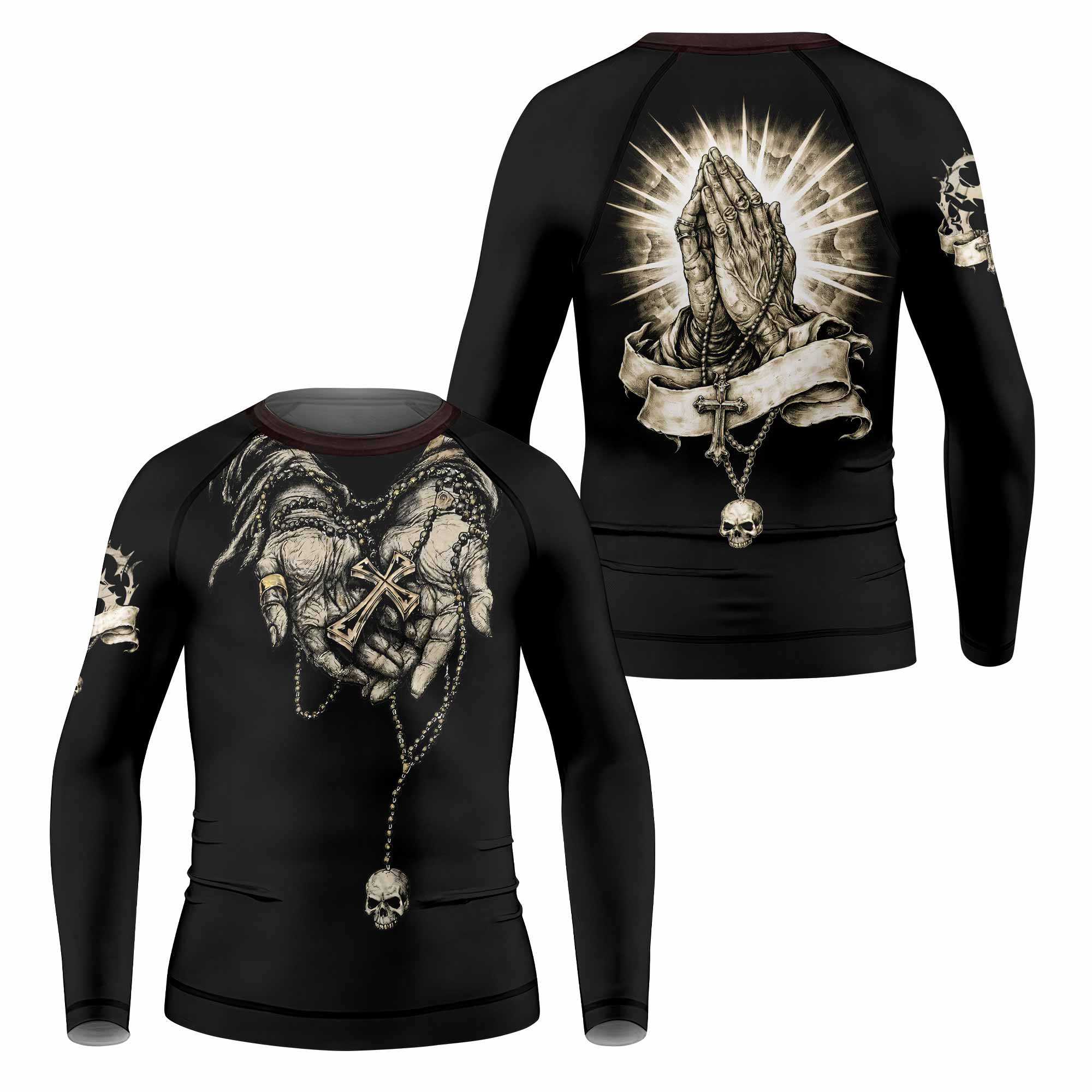 Praying Hands Skull Kids Rash Guard Long Sleeve - front and back view