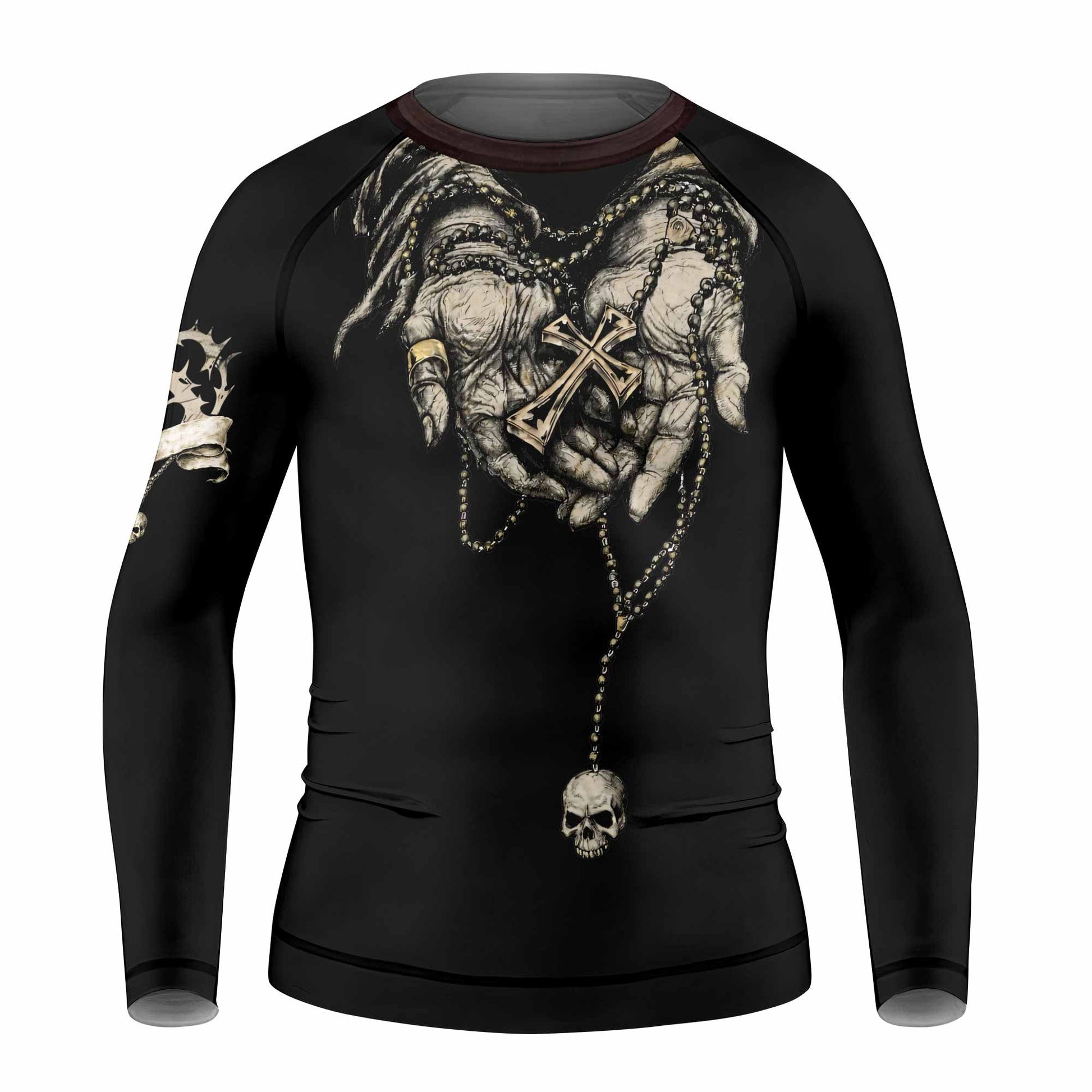Praying Hands Skull Kids Rash Guard Long Sleeve - front view mockup