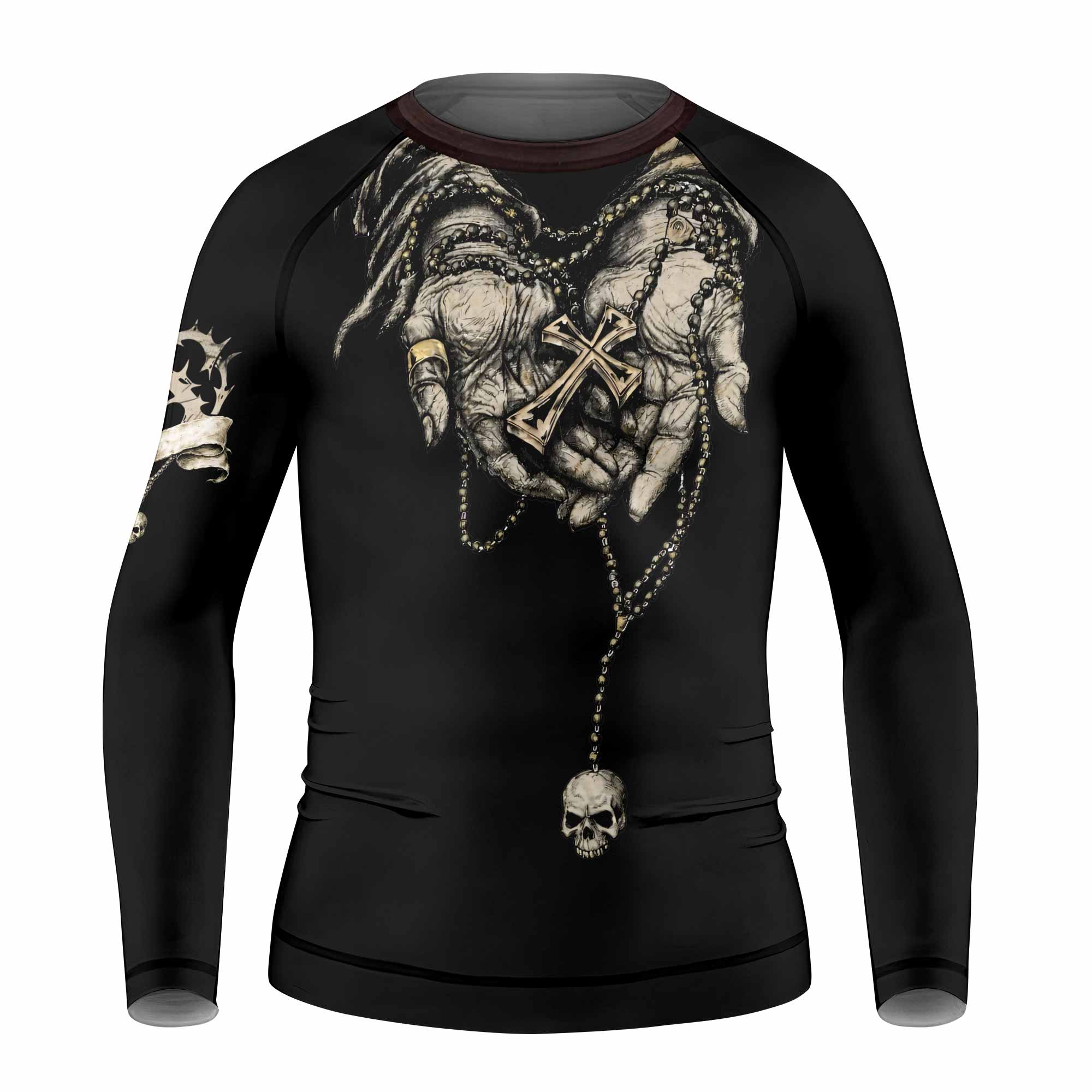 Praying Hands Skull Kids Rash Guard Long Sleeve - front view mockup