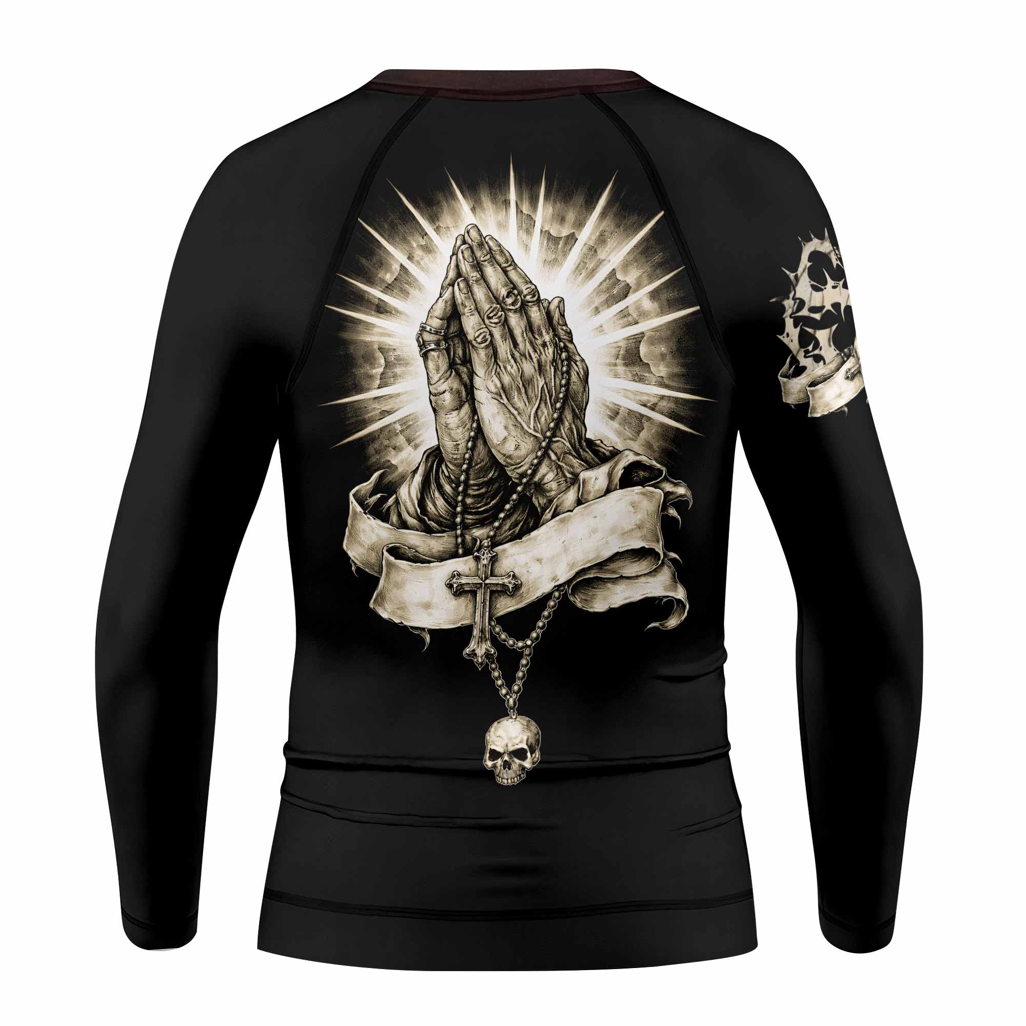 Praying Hands Skull Kids Rash Guard Long Sleeve - back view mockup