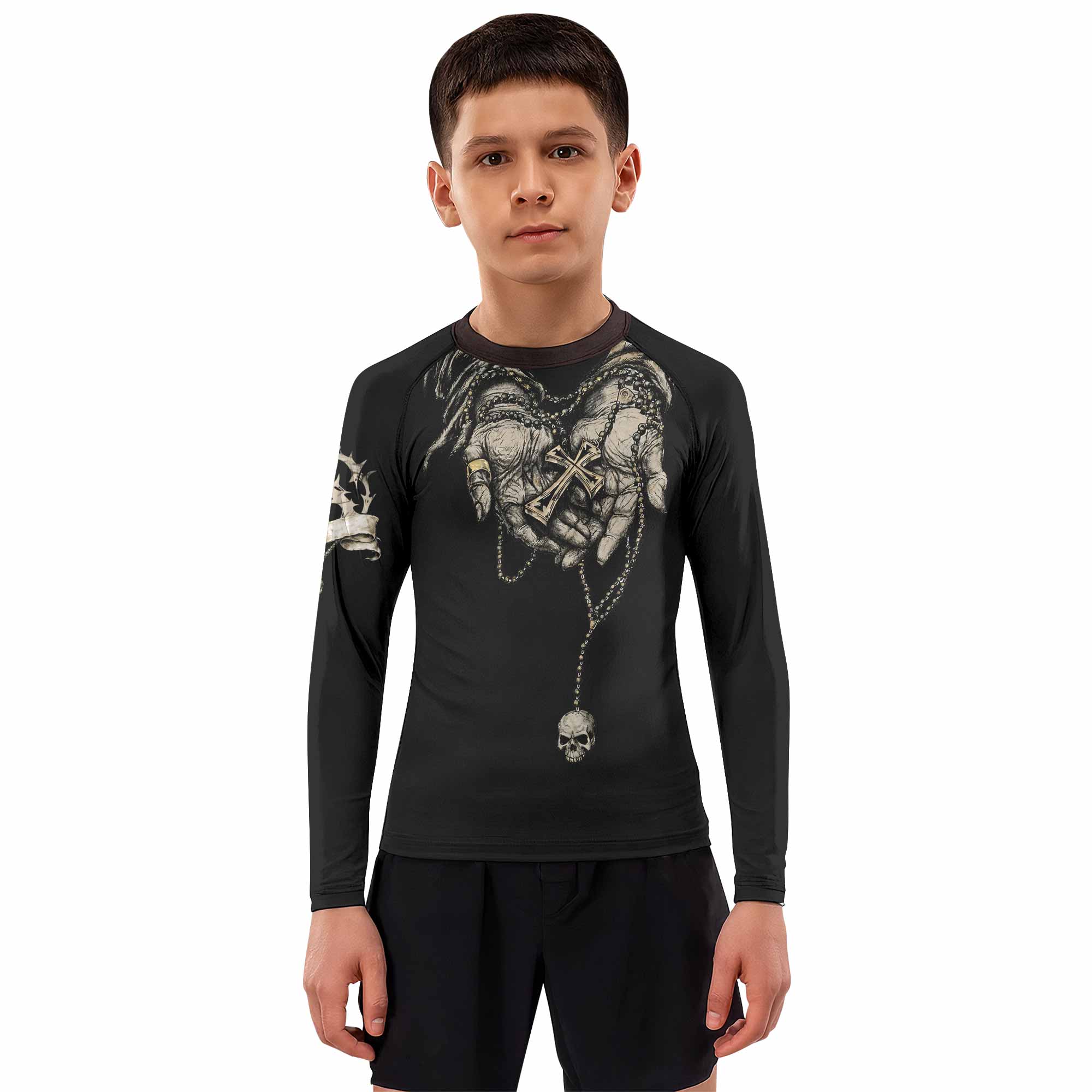 Praying Hands Skull Kids Rash Guard Long Sleeve - boy's lifestyle view