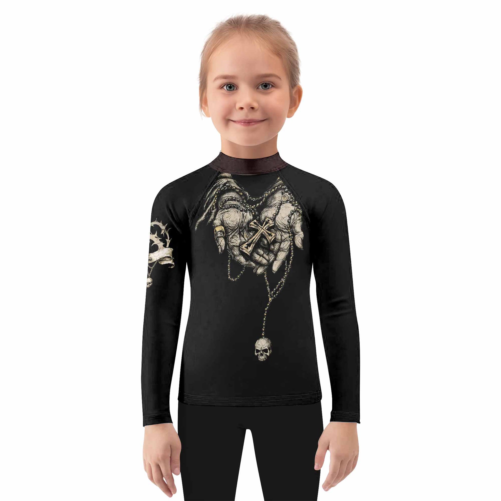 Praying Hands Skull Kids Rash Guard Long Sleeve - girl's lifestyle view