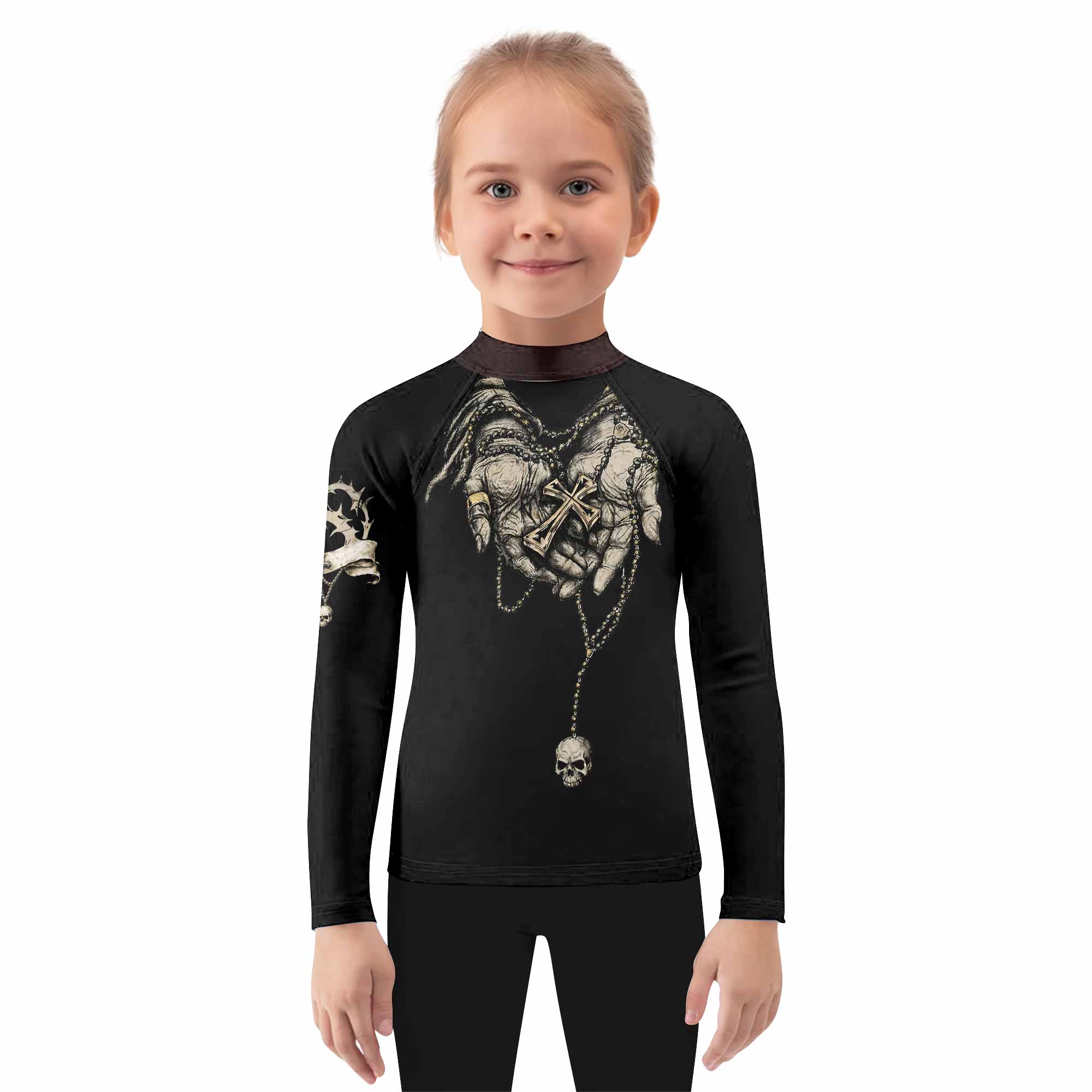 Praying Hands Skull Kids Rash Guard Long Sleeve - girl's lifestyle view