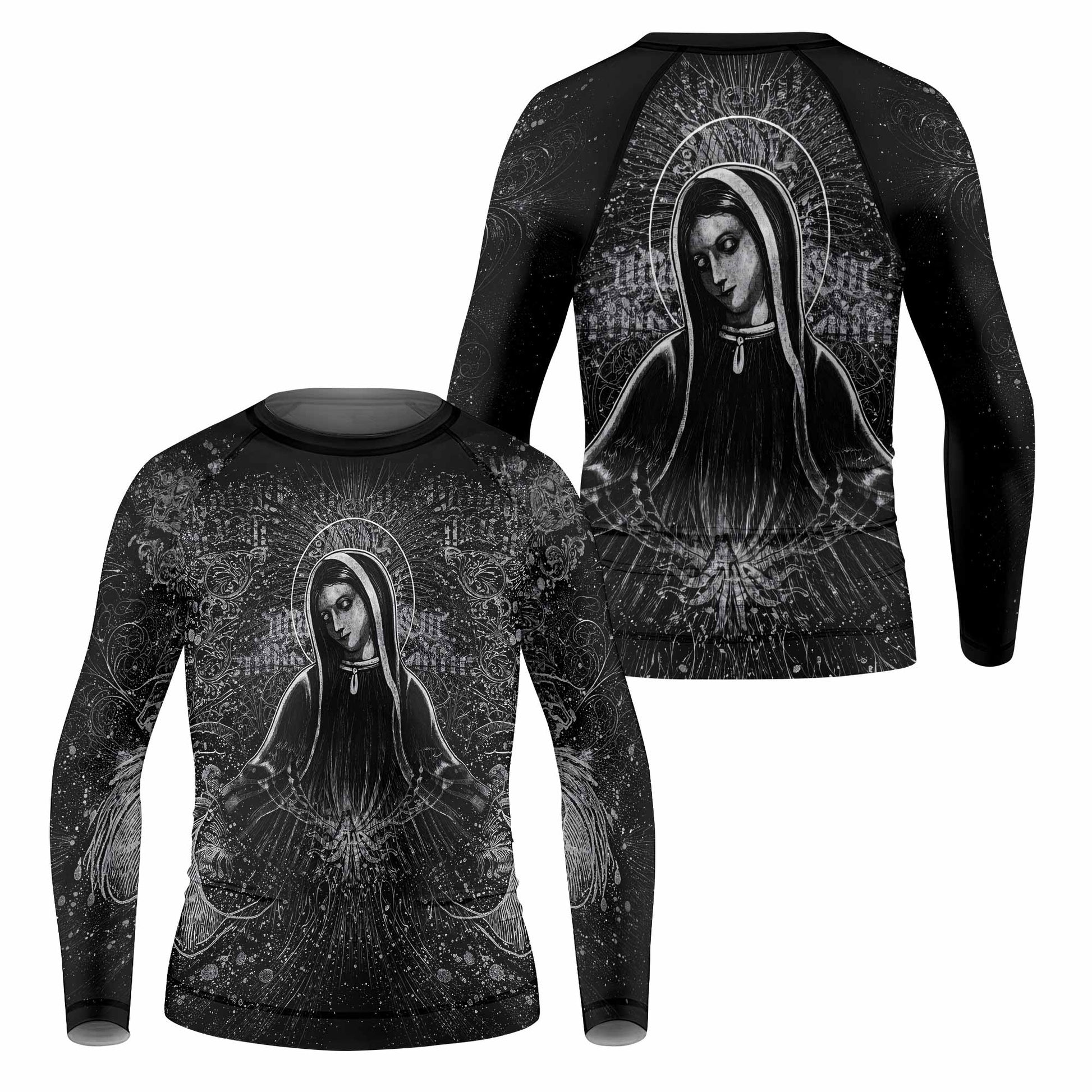 Virgin Mary Kids Rash Guard Long Sleeve - front and back view
