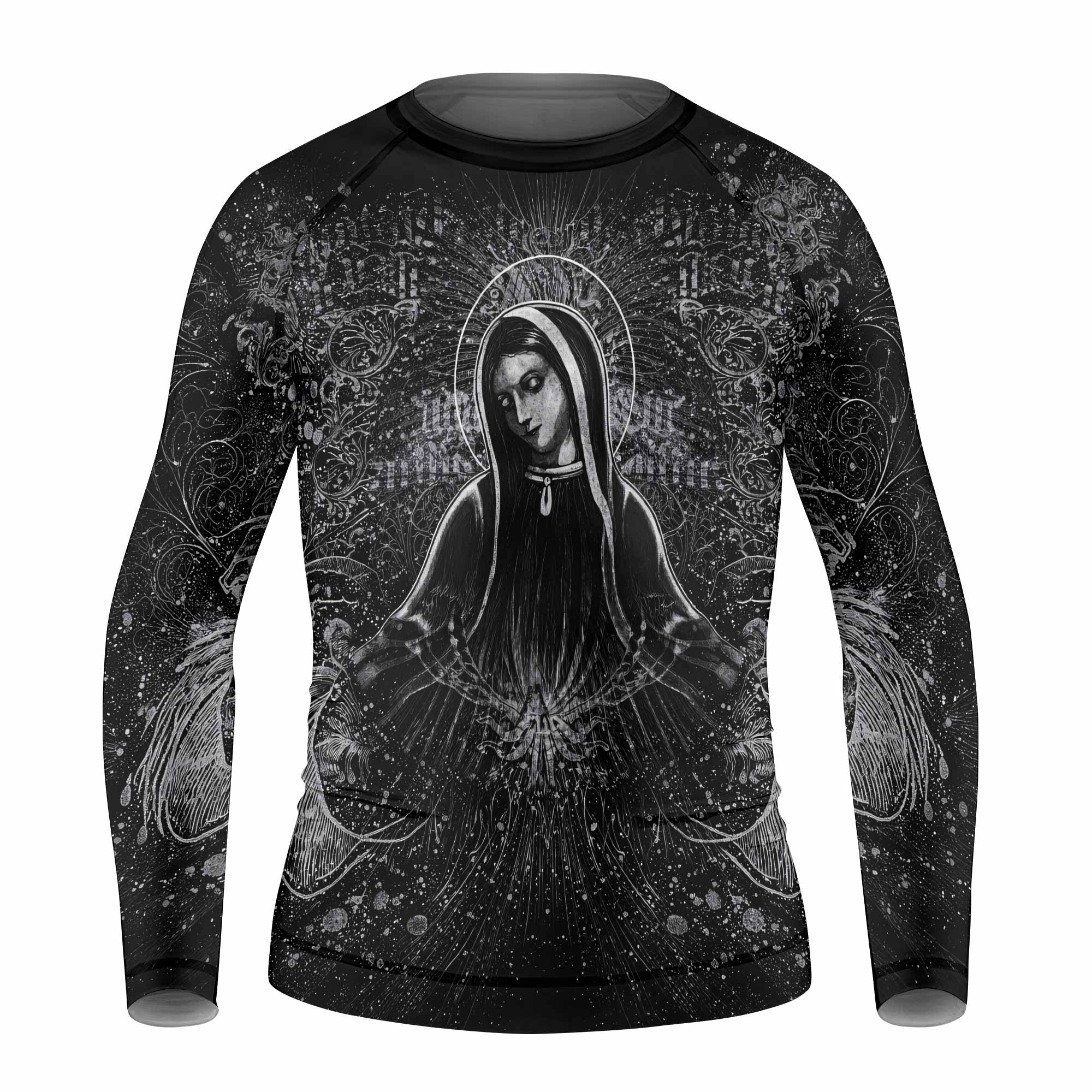 Virgin Mary Kids Rash Guard Long Sleeve - front view mockup