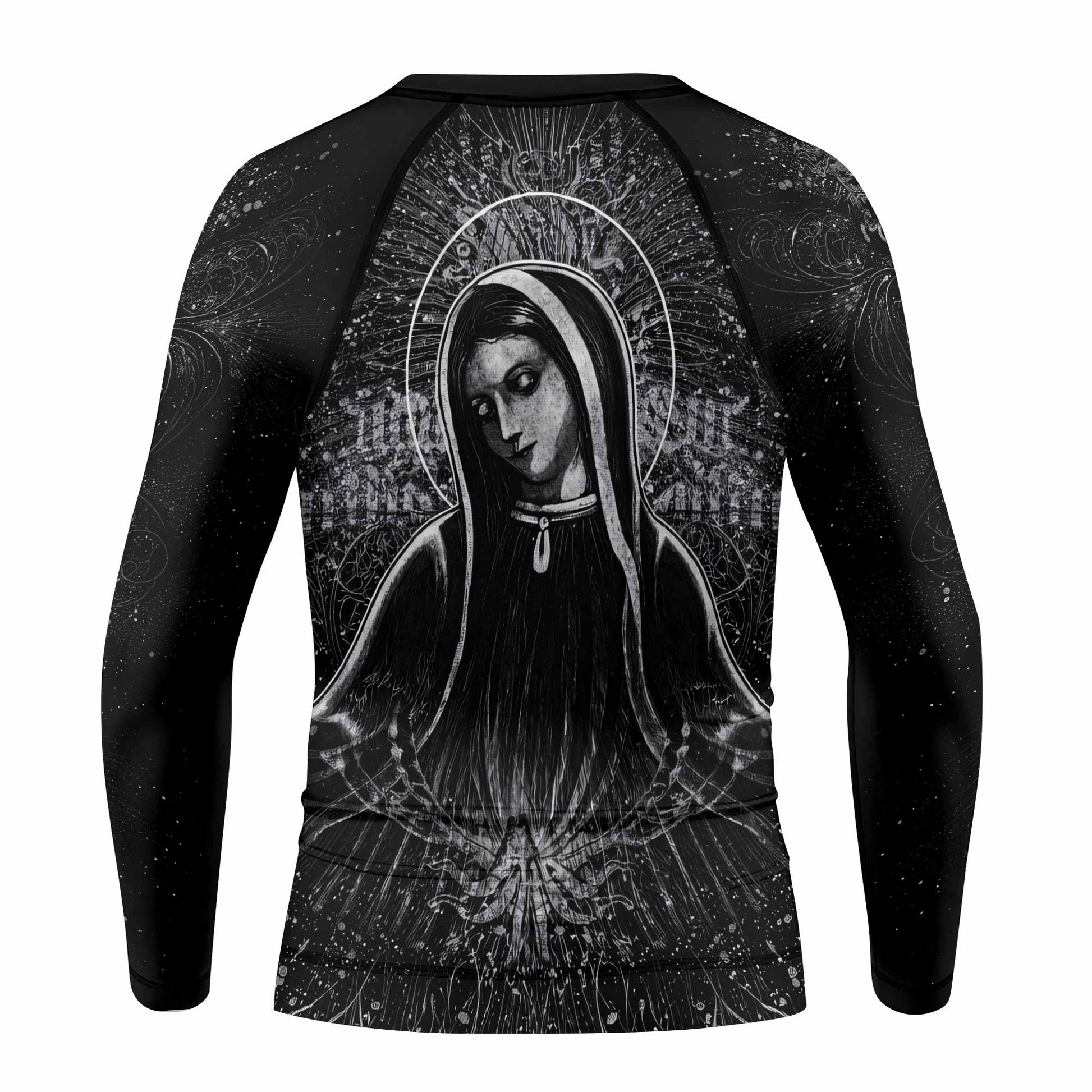 Virgin Mary Kids Rash Guard Long Sleeve - back view mockup