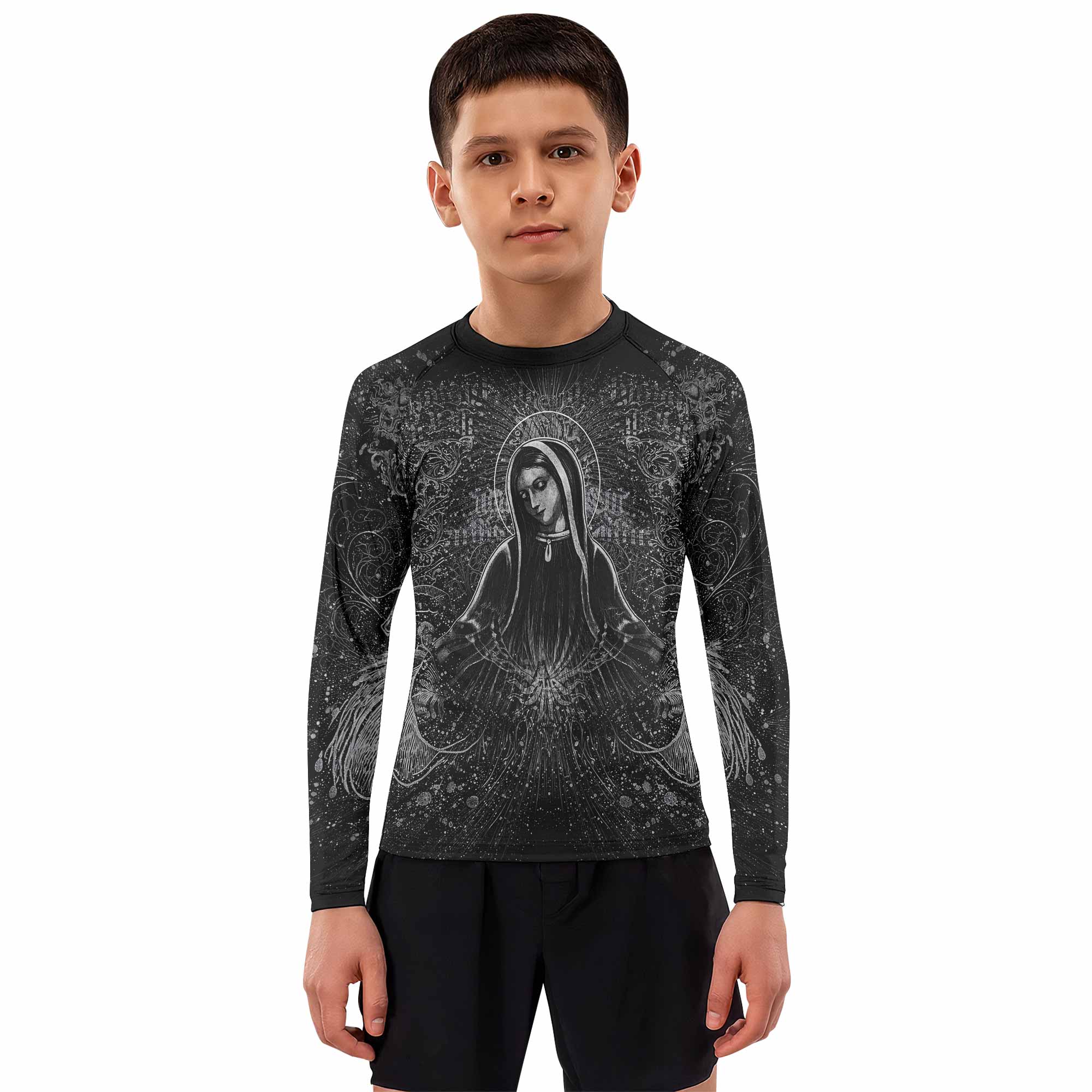 Virgin Mary Kids Rash Guard Long Sleeve - boy's lifestyle view