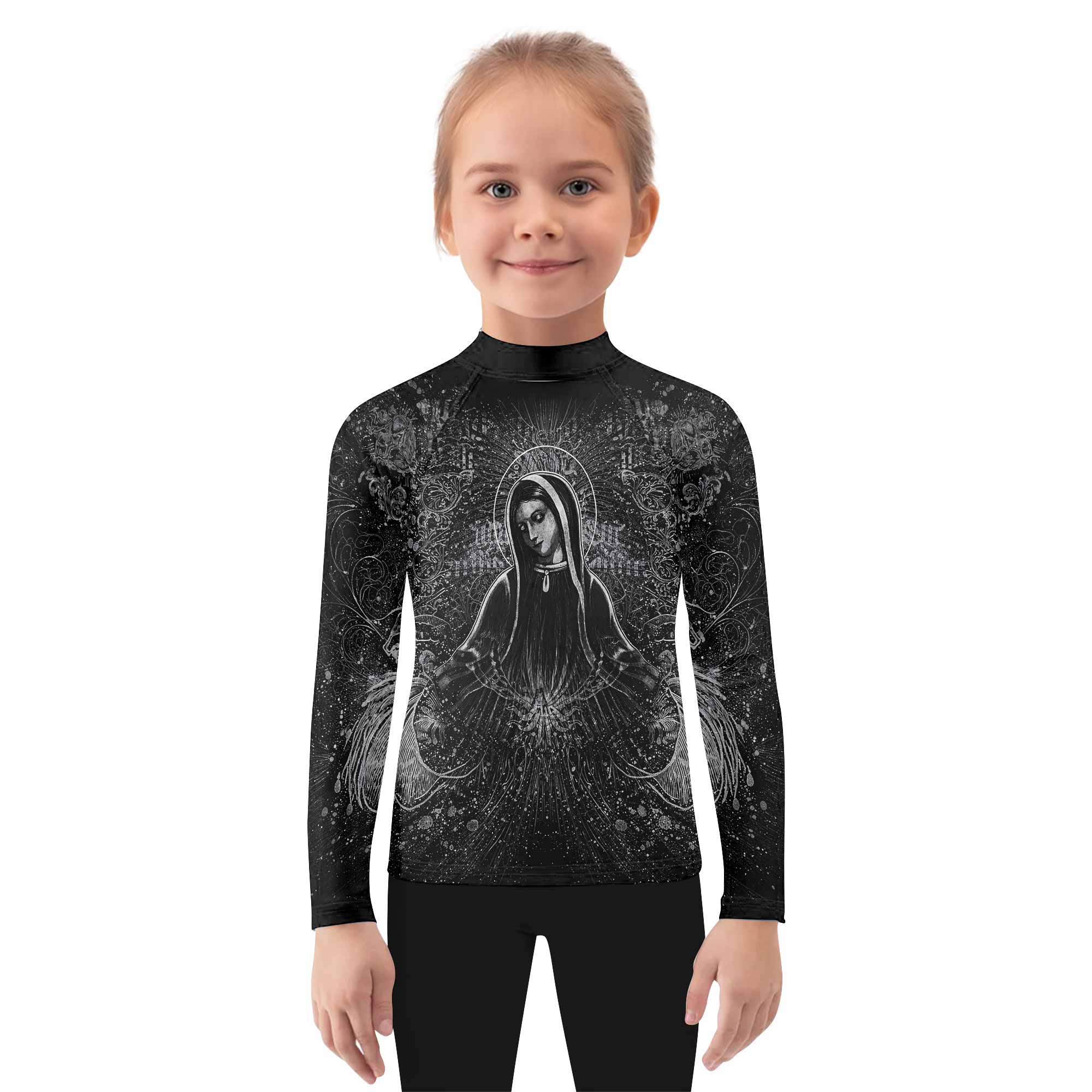 Virgin Mary Kids Rash Guard Long Sleeve - girl's lifestyle view