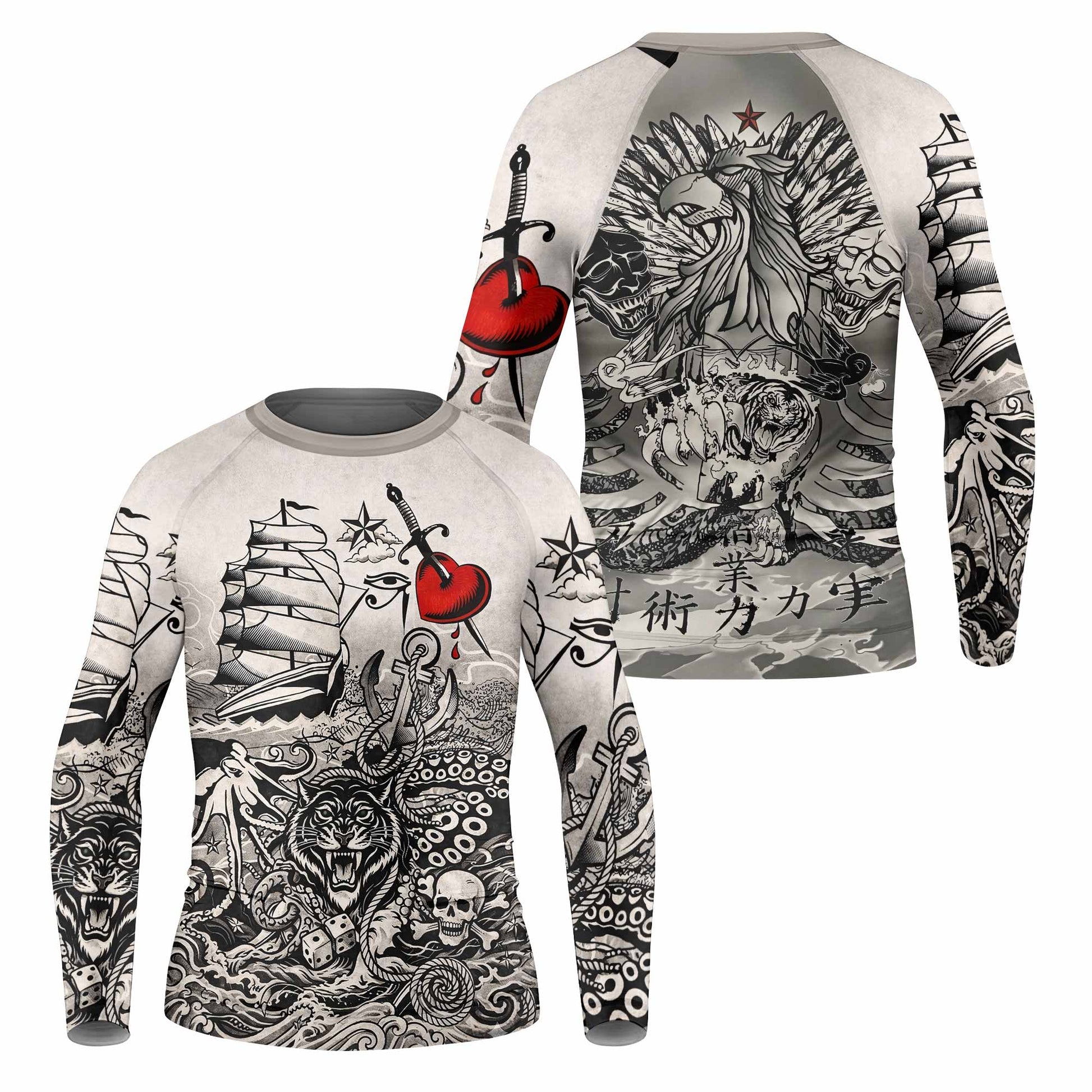Savage Ocean Irezumi Kids Rash Guard Long Sleeve - front and back view