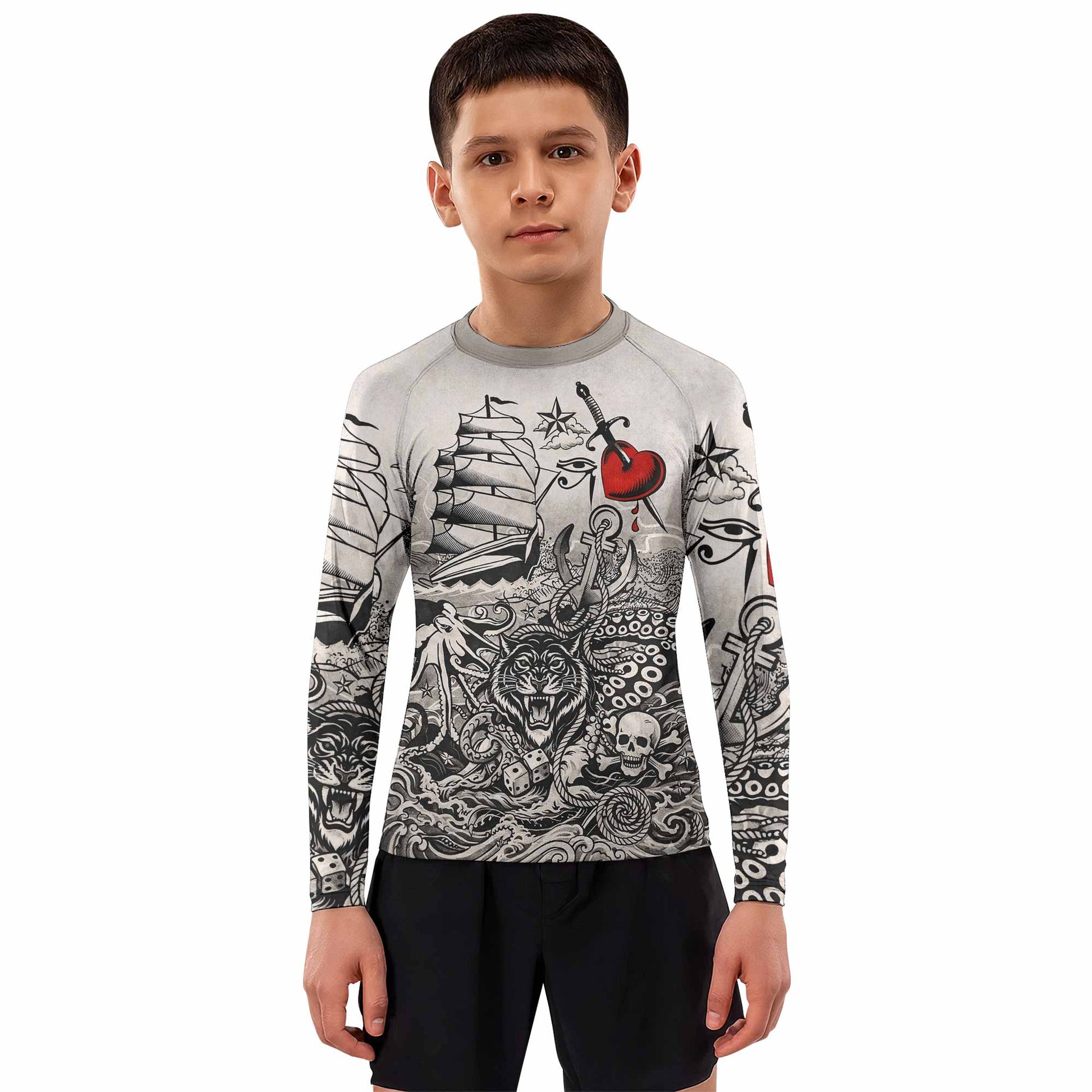 Savage Ocean Irezumi Kids Rash Guard Long Sleeve - boy's lifestyle view