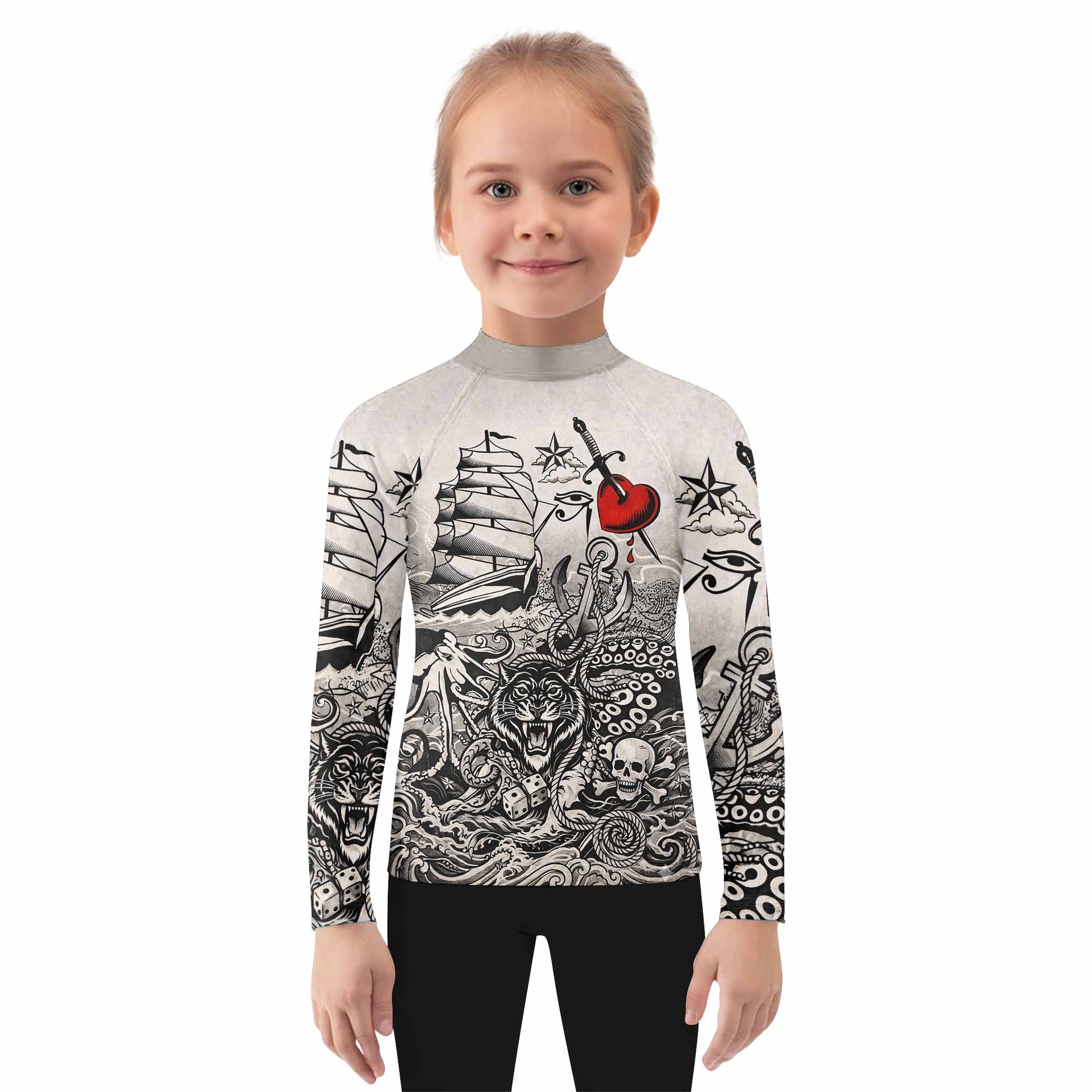 Savage Ocean Irezumi Kids Rash Guard Long Sleeve - girl's lifestyle view