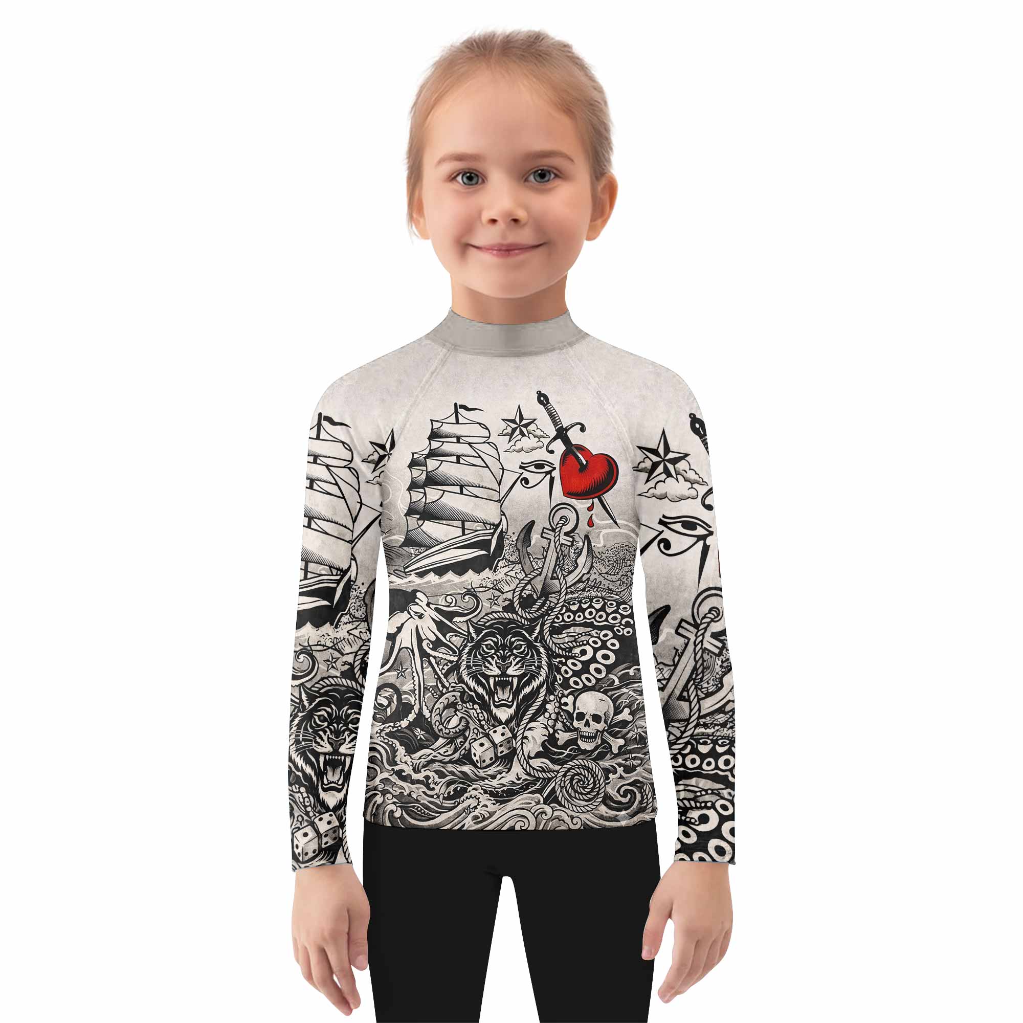 Savage Ocean Irezumi Kids Rash Guard Long Sleeve - girl's lifestyle view