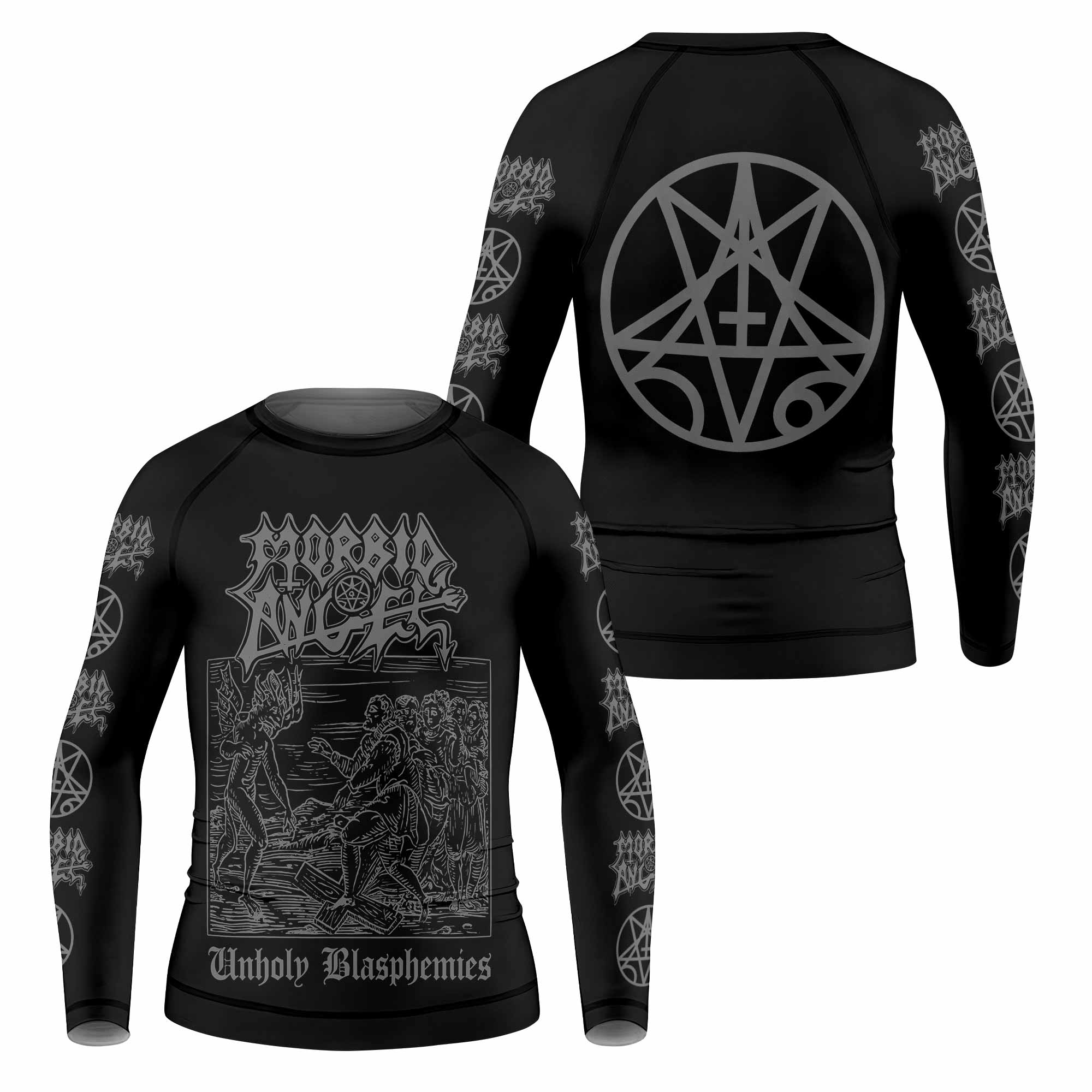 Morbid Angel Unholy Blasphemies Kids Rash Guard Long Sleeve - front and back view