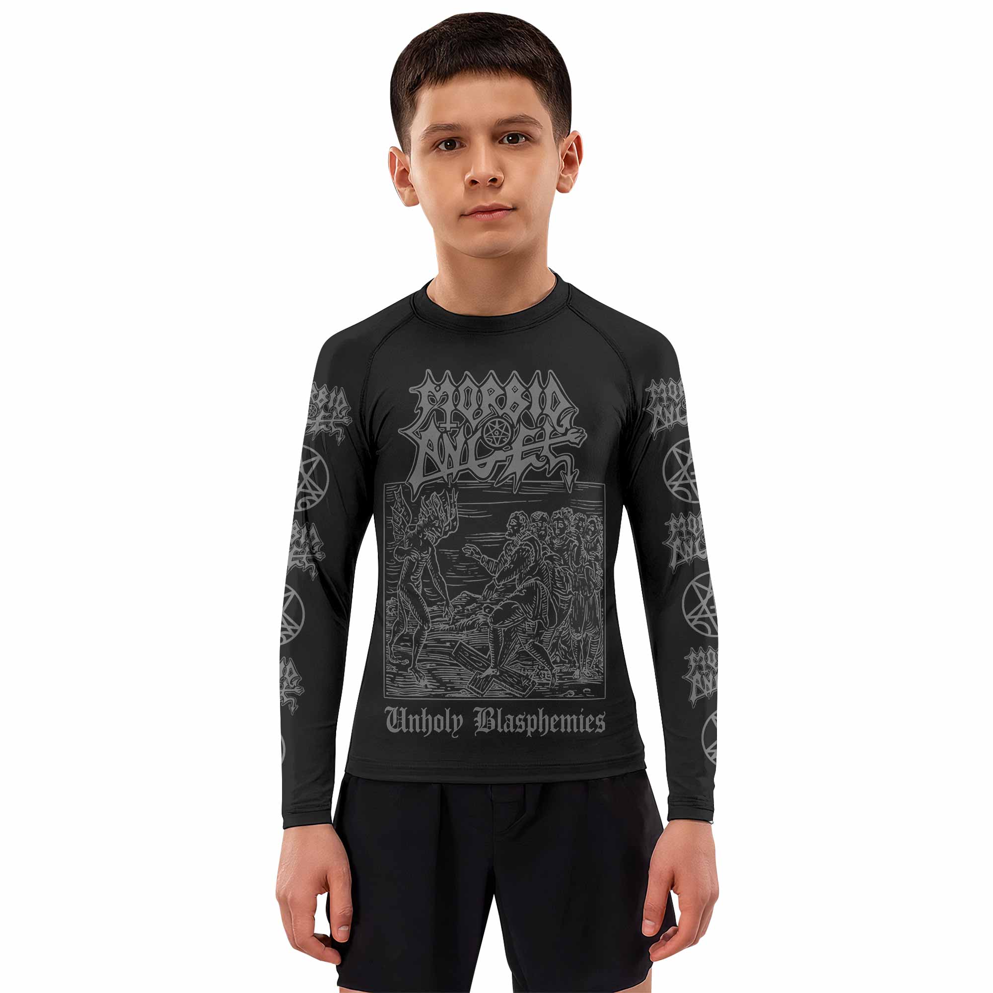 Morbid Angel Unholy Blasphemies Kids Rash Guard Long Sleeve - boy's lifestyle view