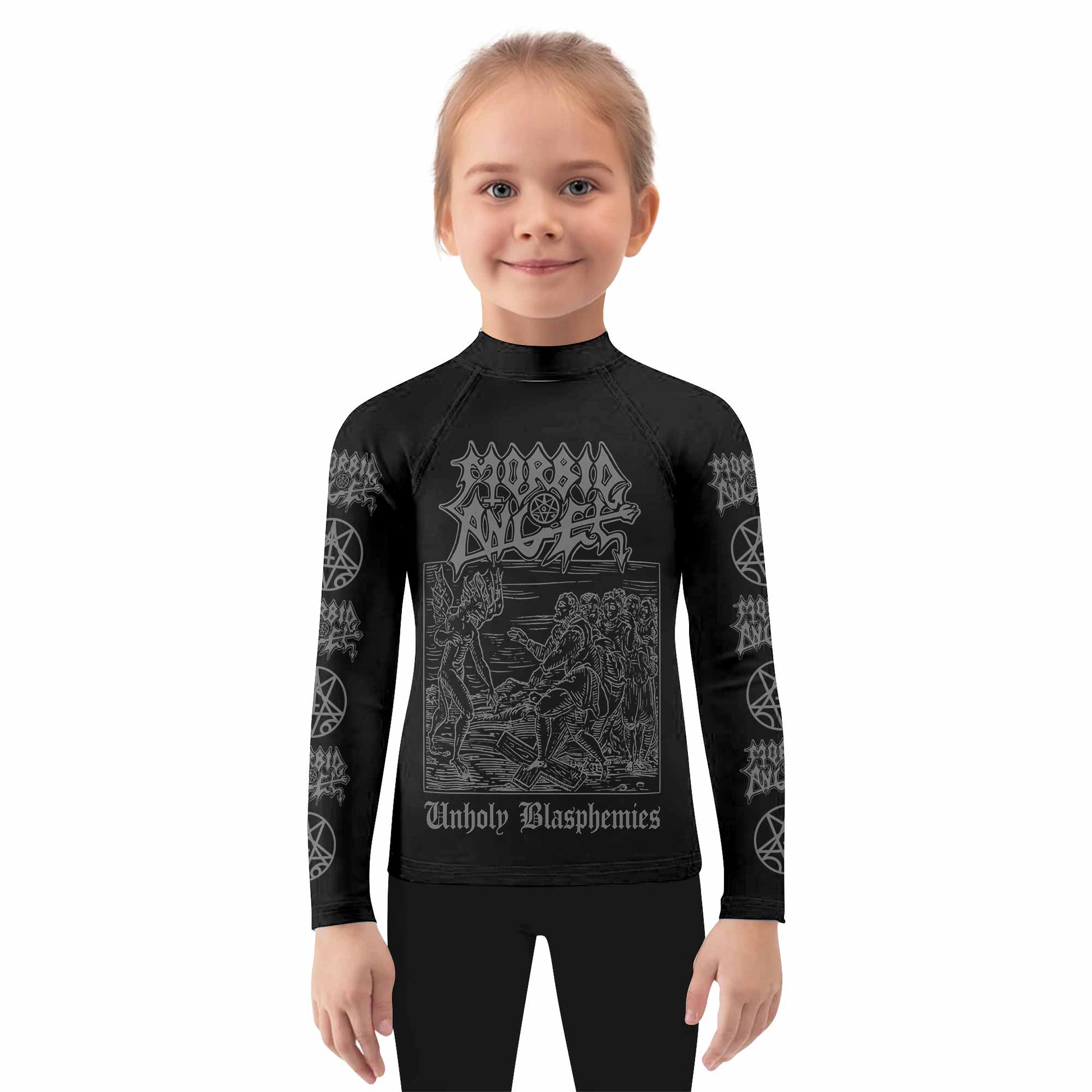Morbid Angel Unholy Blasphemies Kids Rash Guard Long Sleeve - girl's lifestyle view
