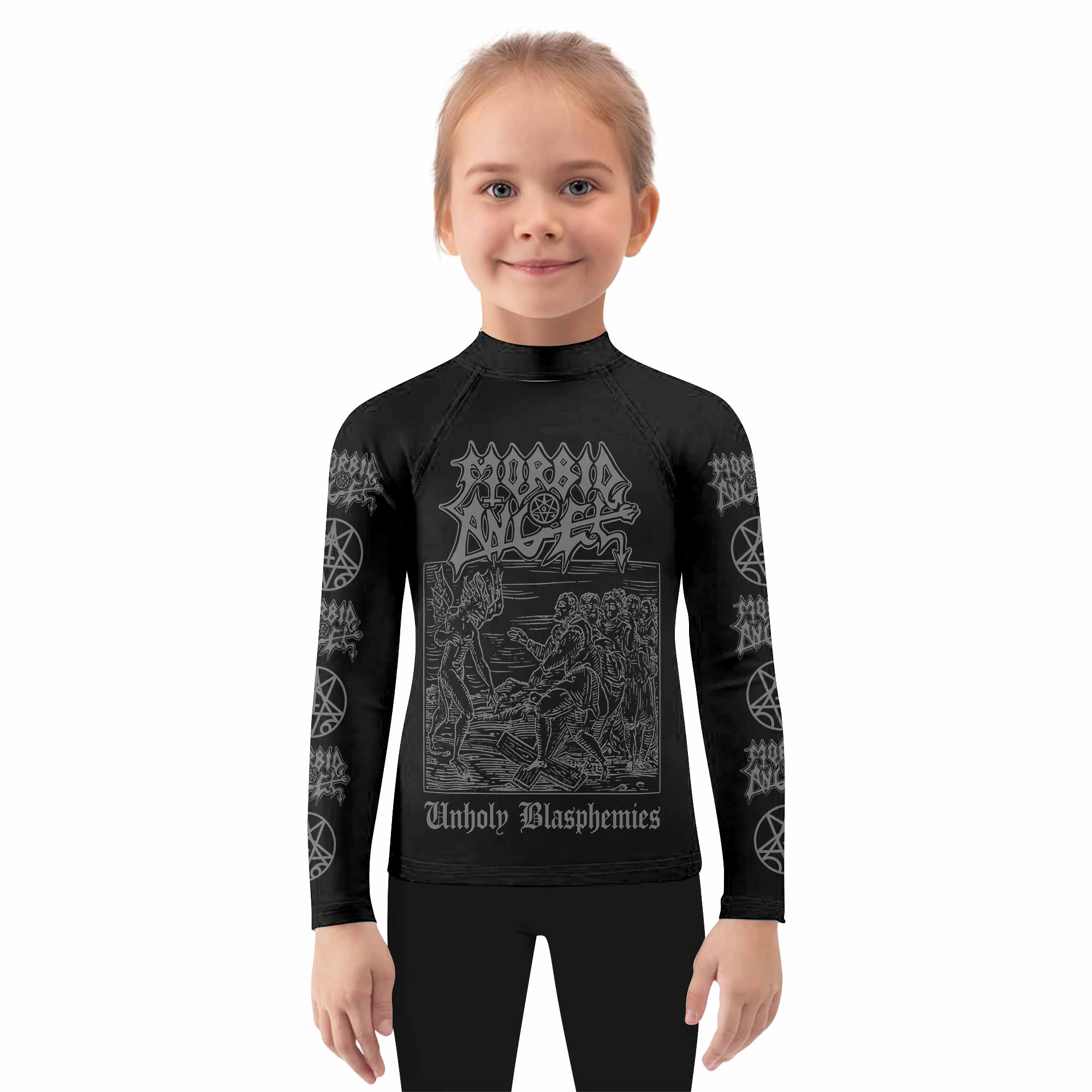 Morbid Angel Unholy Blasphemies Kids Rash Guard Long Sleeve - girl's lifestyle view