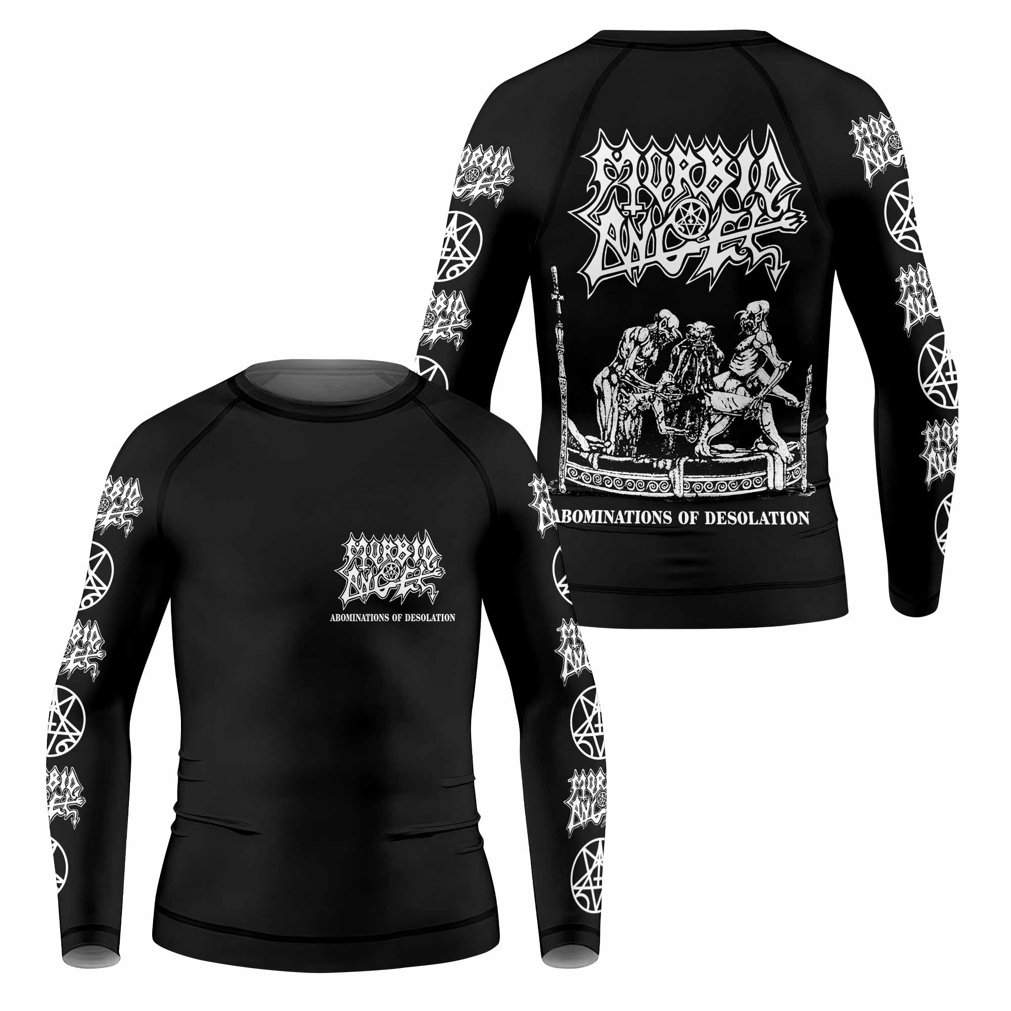 Morbid Angel Abominations of Desolation Kids Rash Guard Long Sleeve - front and back view
