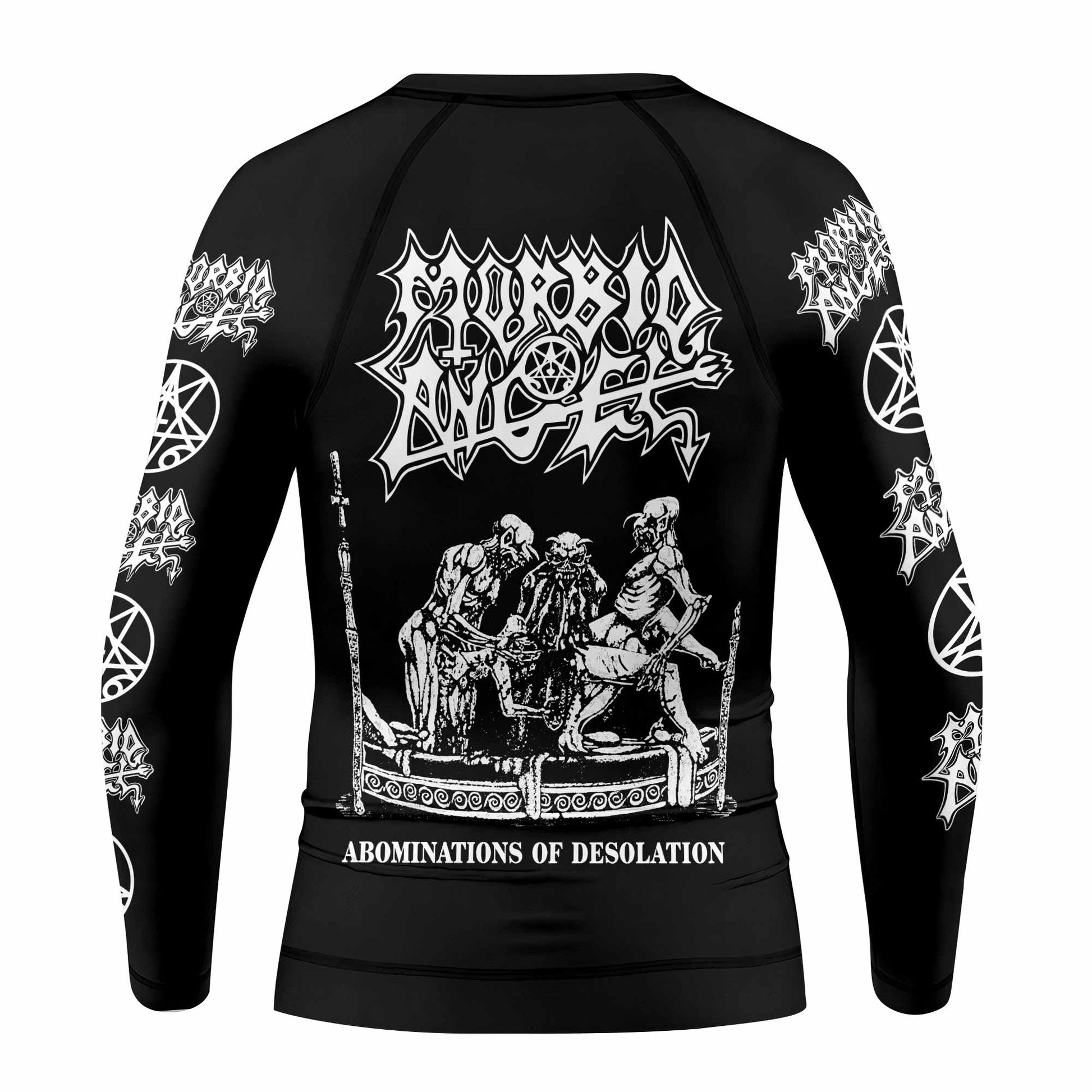 Morbid Angel Abominations of Desolation Kids Rash Guard Long Sleeve - back view mockup