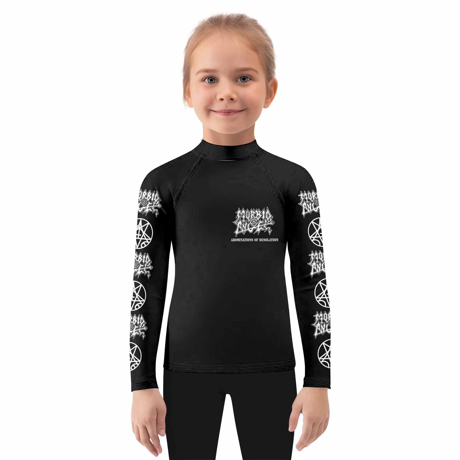 Morbid Angel Abominations of Desolation Kids Rash Guard Long Sleeve - girl's lifestyle view