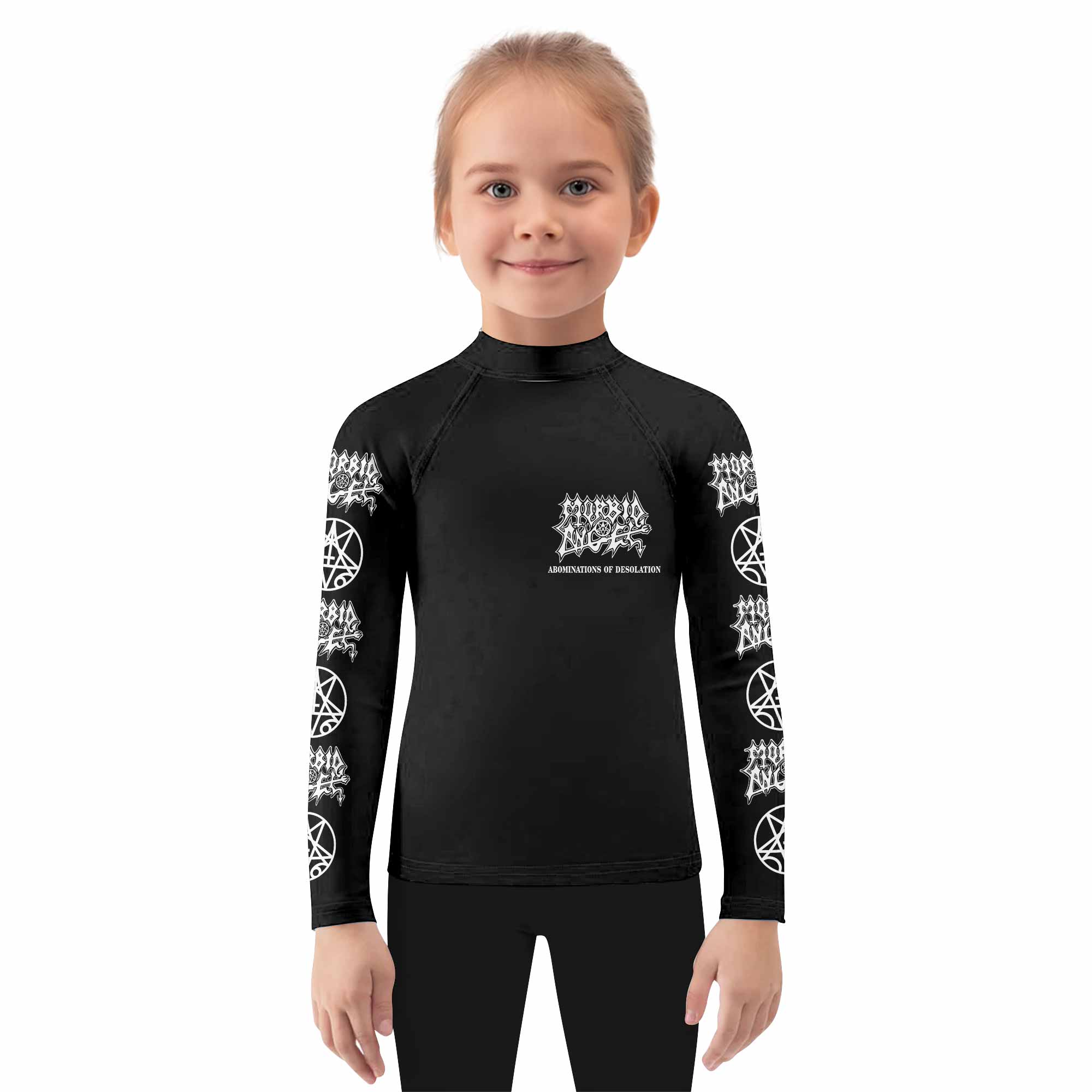 Morbid Angel Abominations of Desolation Kids Rash Guard Long Sleeve - girl's lifestyle view