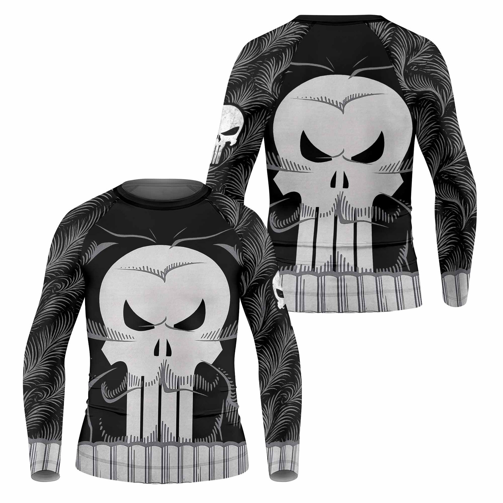 Punisher Skull Tactical Kids Rash Guard Long Sleeve - front and back view