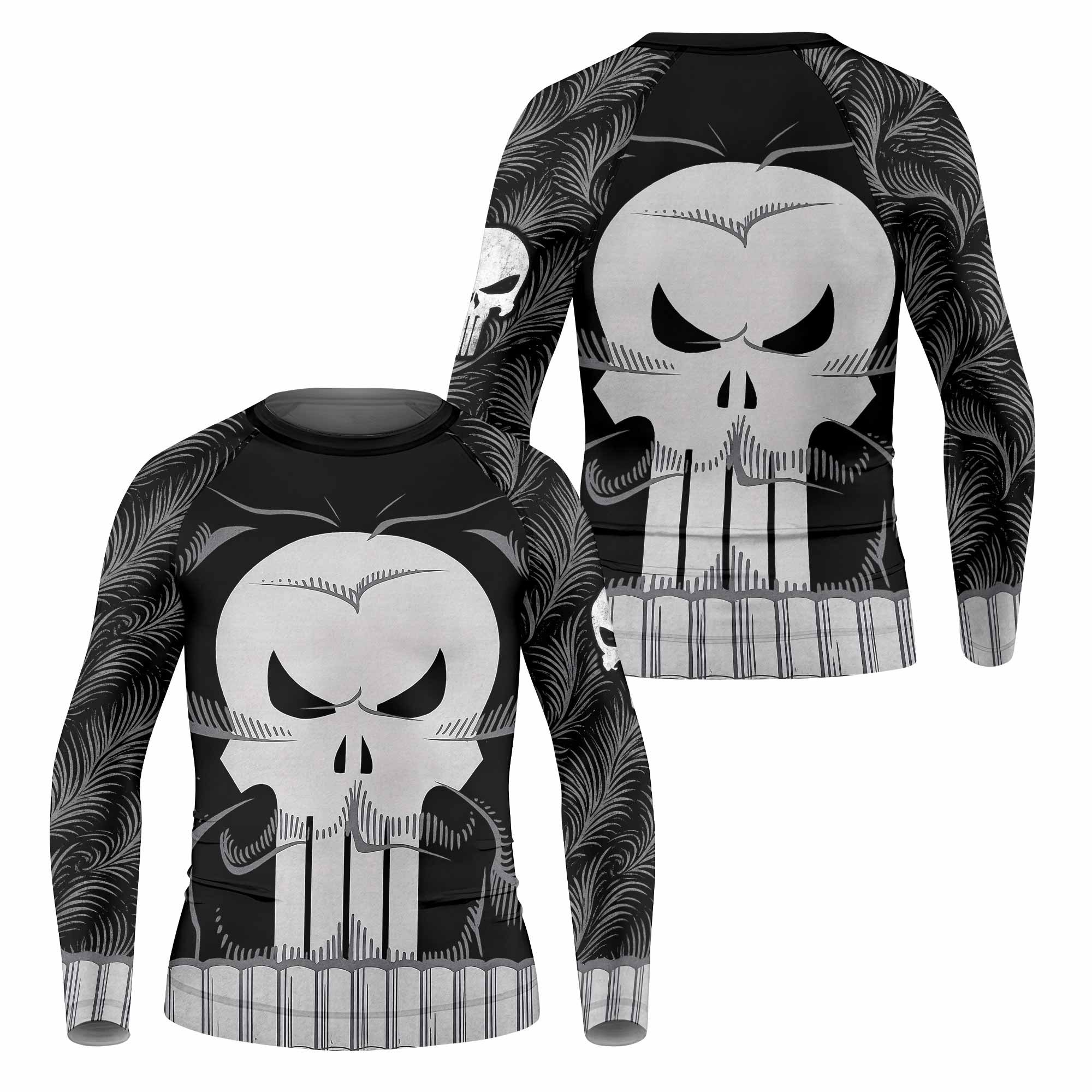 Punisher Skull Tactical Kids Rash Guard Long Sleeve - front and back view