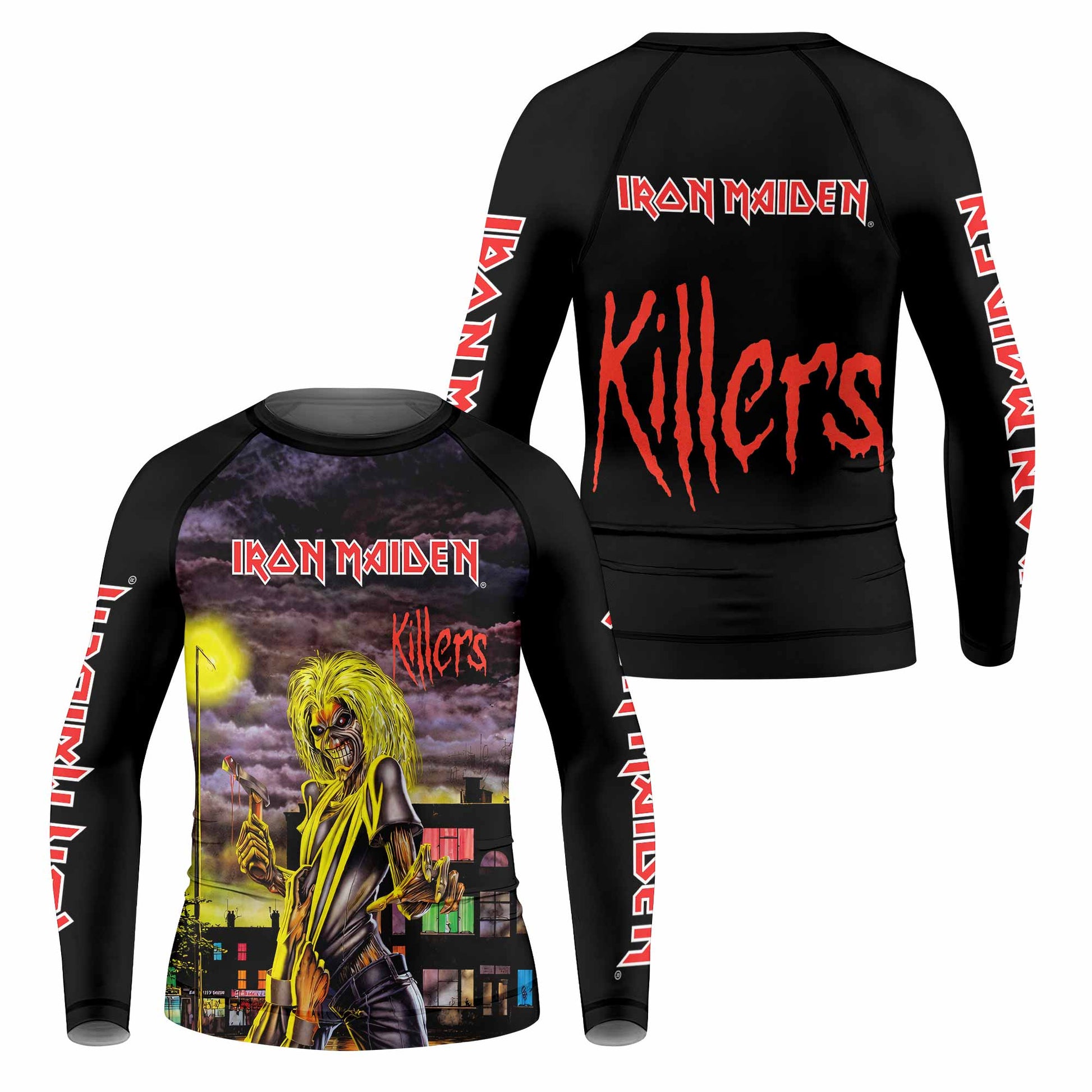 Killers Iron Maiden Kids Rash Guard Long Sleeve - front and back view