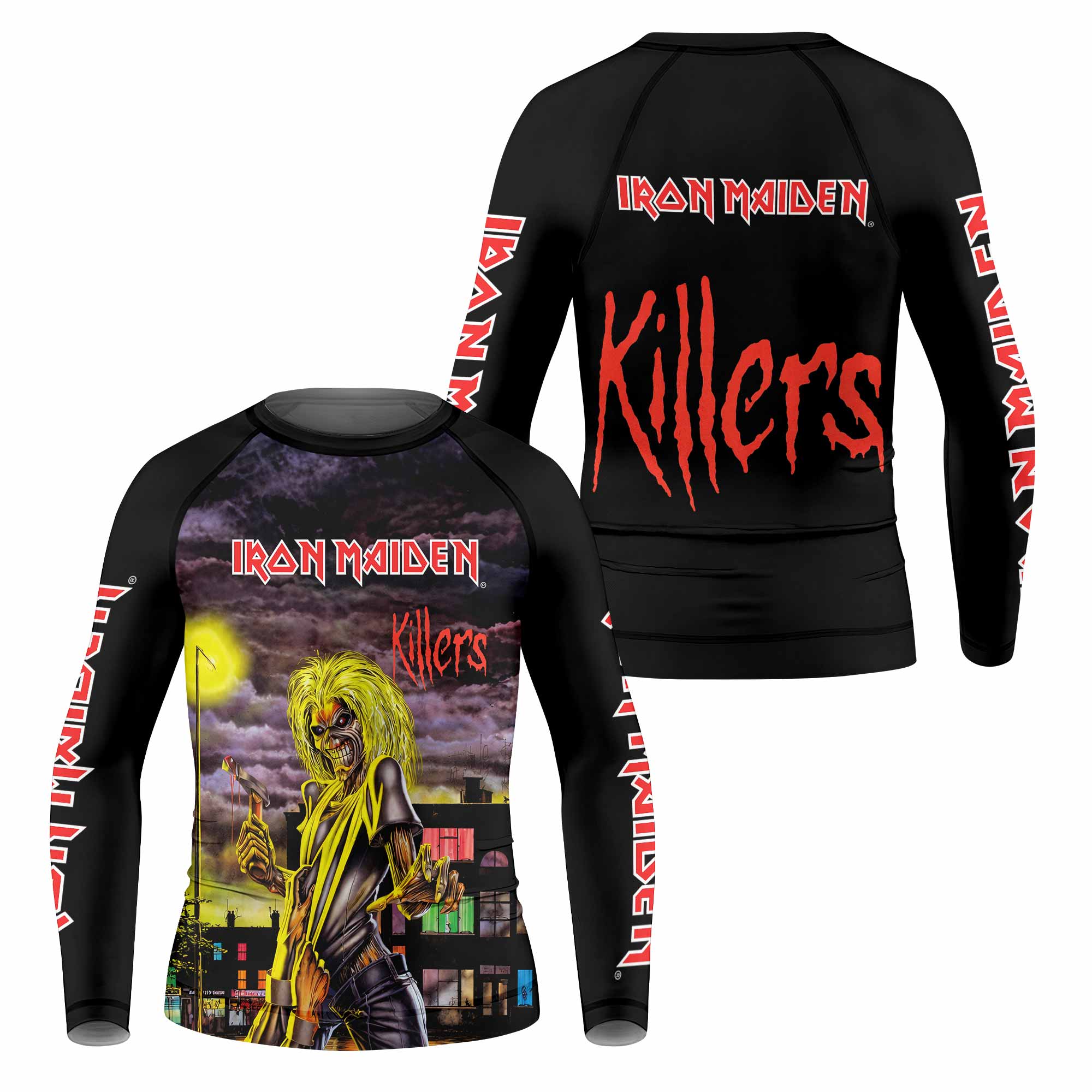 Killers Iron Maiden Kids Rash Guard Long Sleeve - front and back view