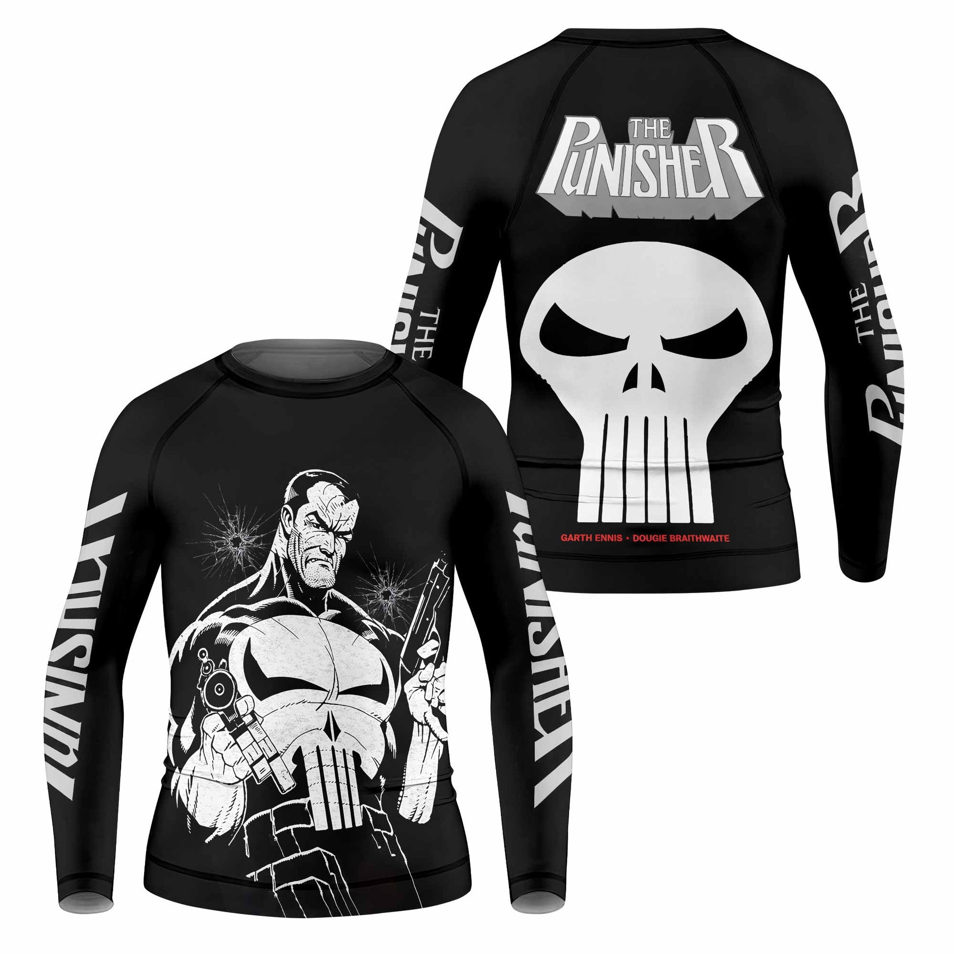 The Punisher Comic Frank Castle Kids Rash Guard Long Sleeve - front and back view