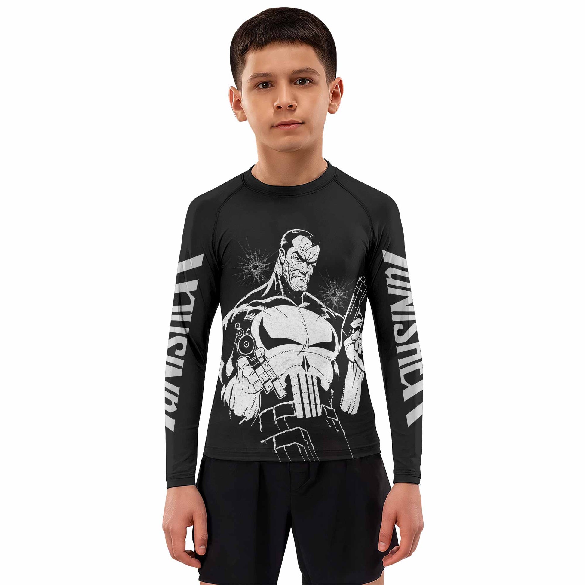 The Punisher Comic Frank Castle Kids Rash Guard Long Sleeve - boy's lifestyle view