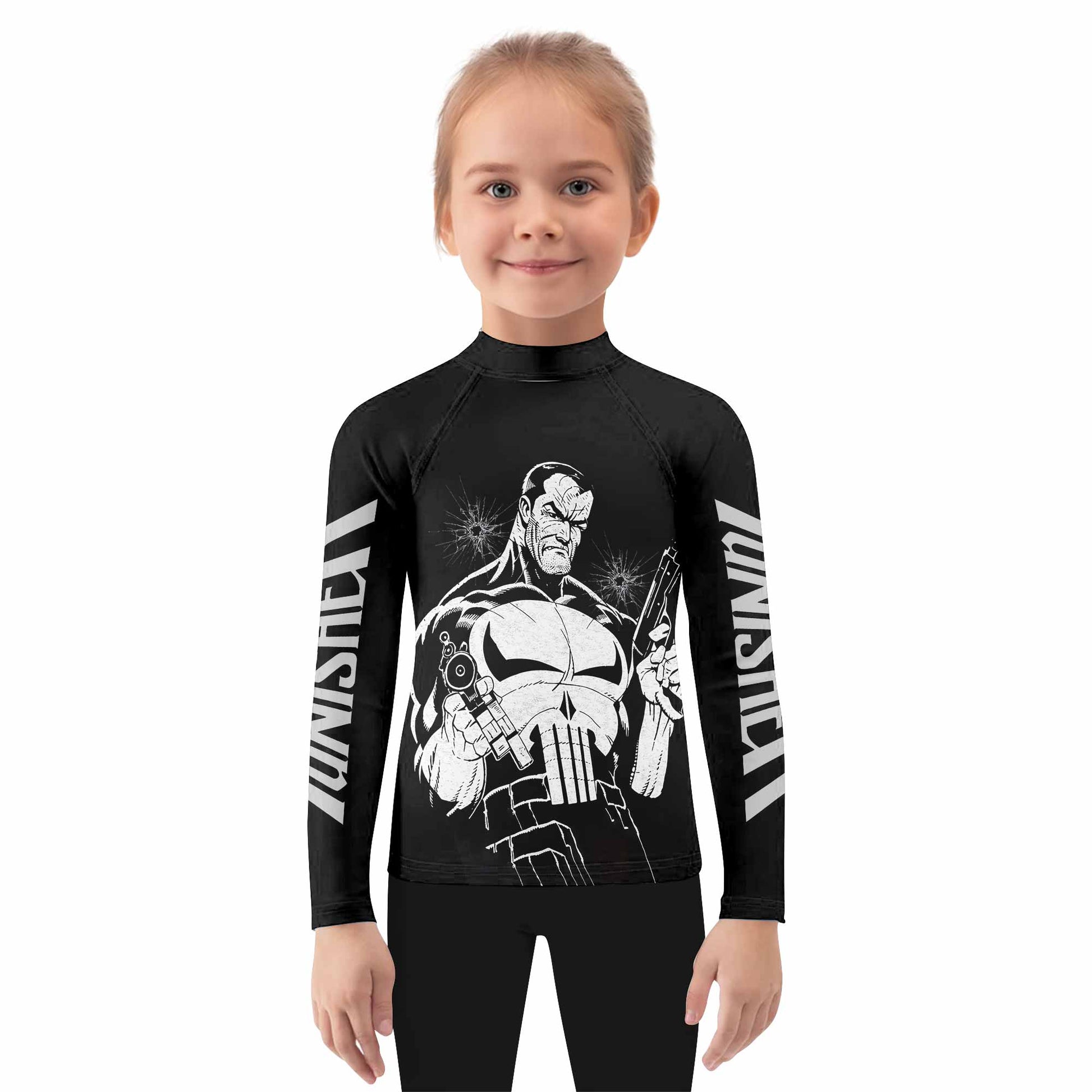 The Punisher Comic Frank Castle Kids Rash Guard Long Sleeve - girl's lifestyle view