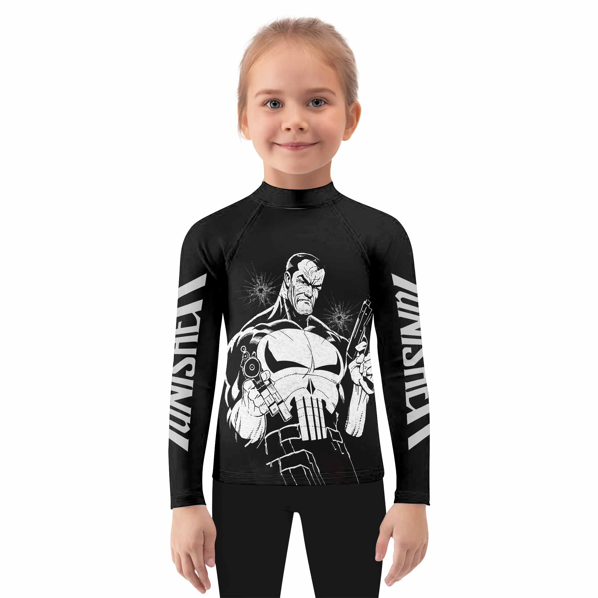The Punisher Comic Frank Castle Kids Rash Guard Long Sleeve - girl's lifestyle view