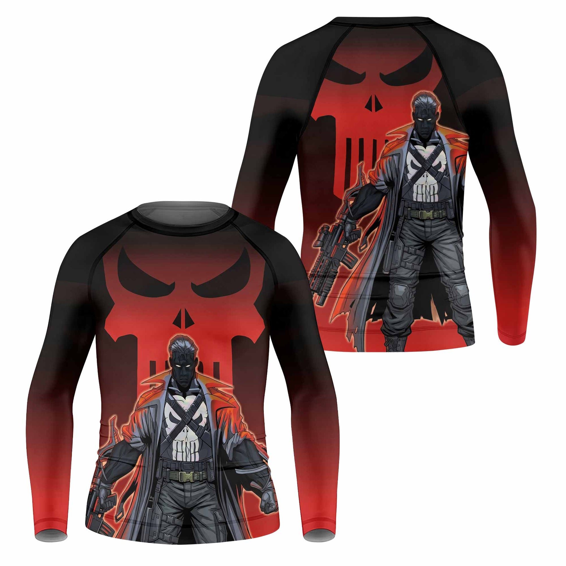 The Punisher Red Frank Castle Kids Rash Guard Long Sleeve - front and back view
