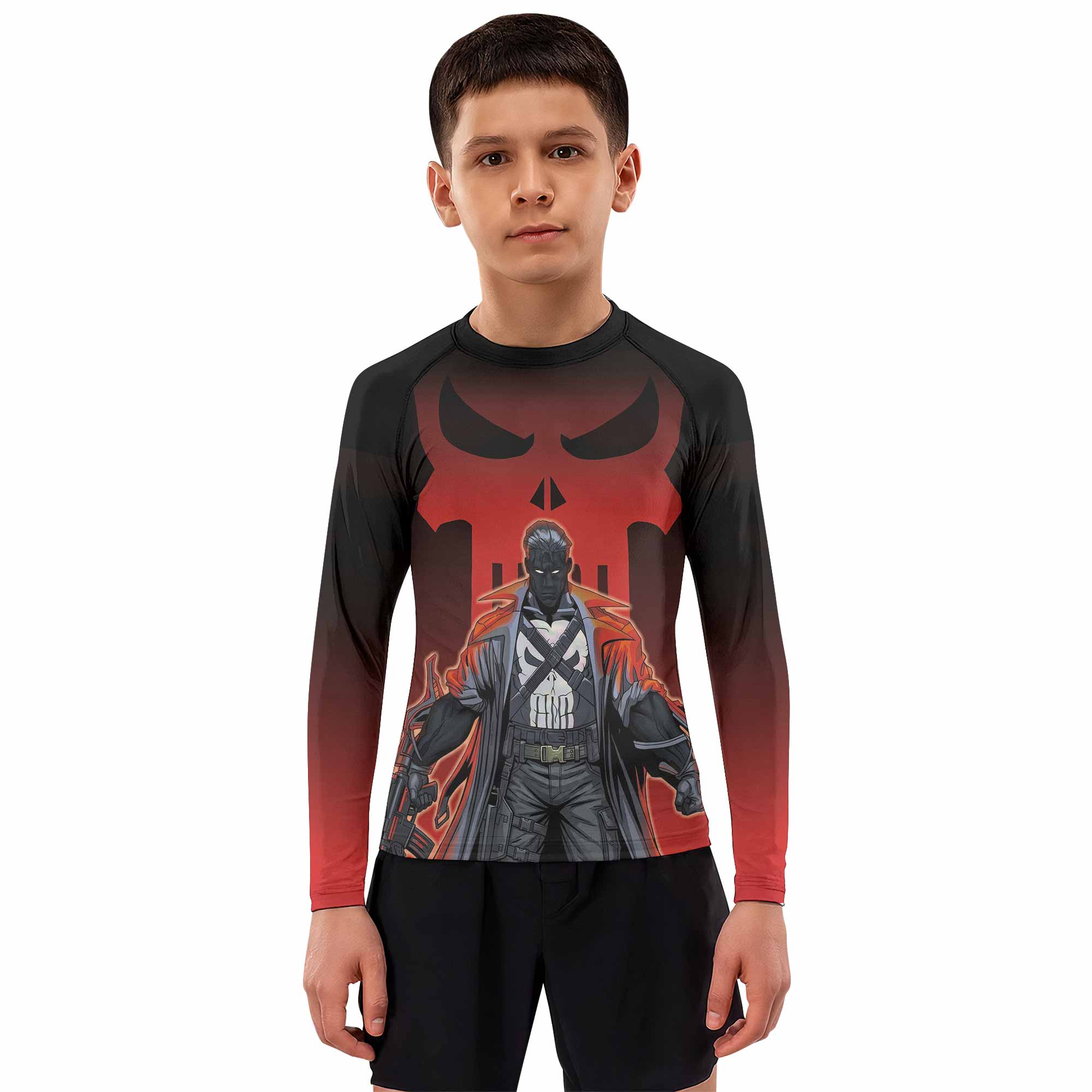 The Punisher Red Frank Castle Kids Rash Guard Long Sleeve - boy's lifestyle view