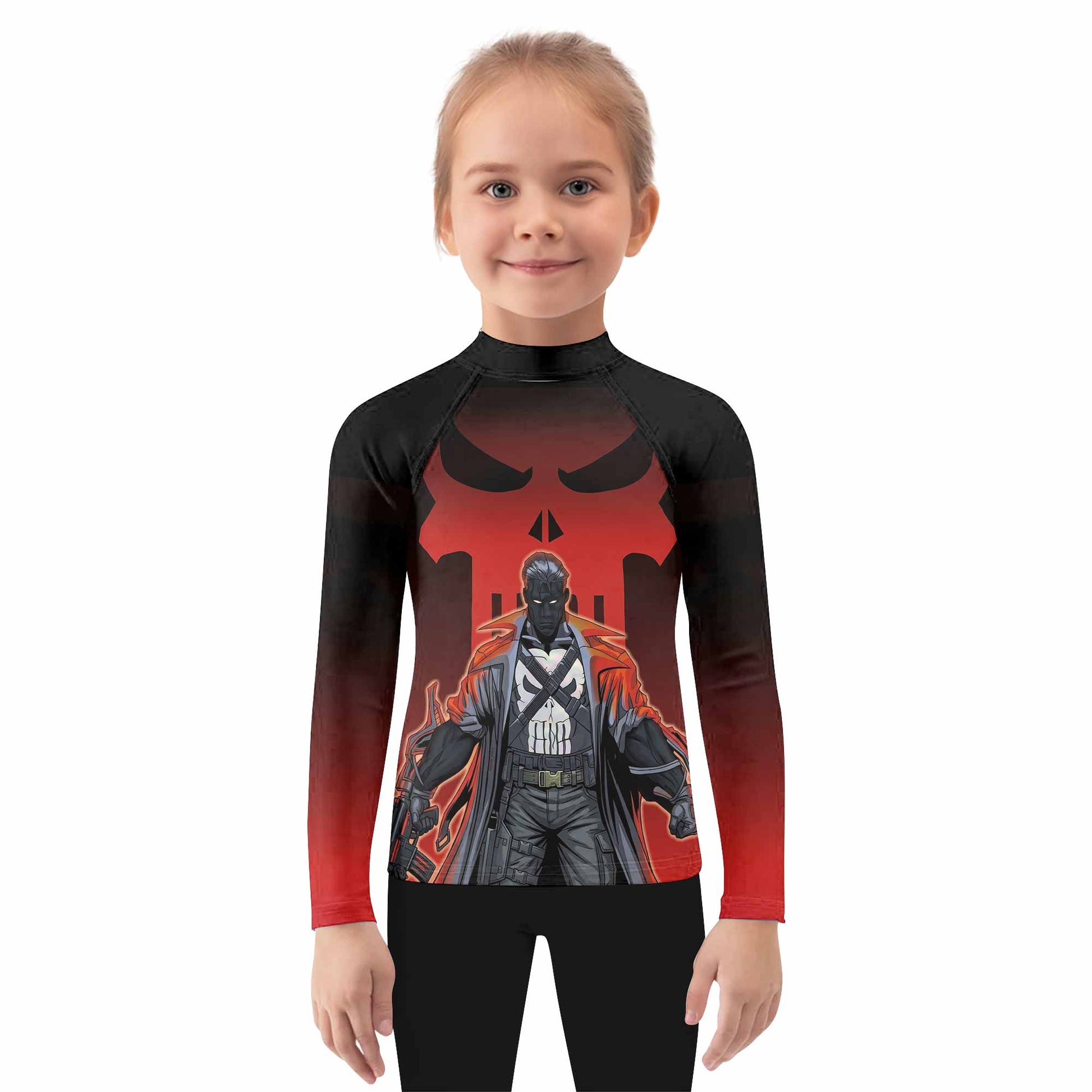 The Punisher Red Frank Castle Kids Rash Guard Long Sleeve - girl's lifestyle view