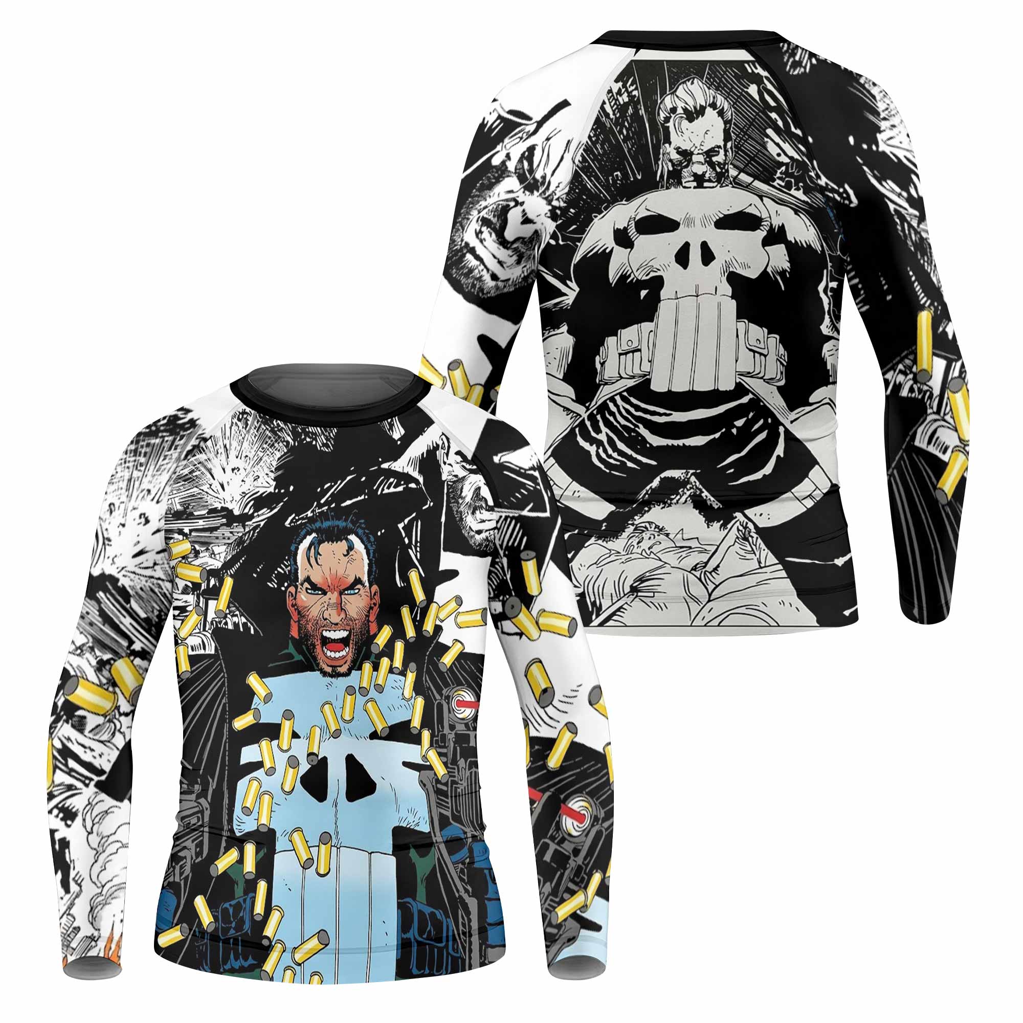 Punisher Bullet Storm Frank Castle Kids Rash Guard Long Sleeve - front and back view