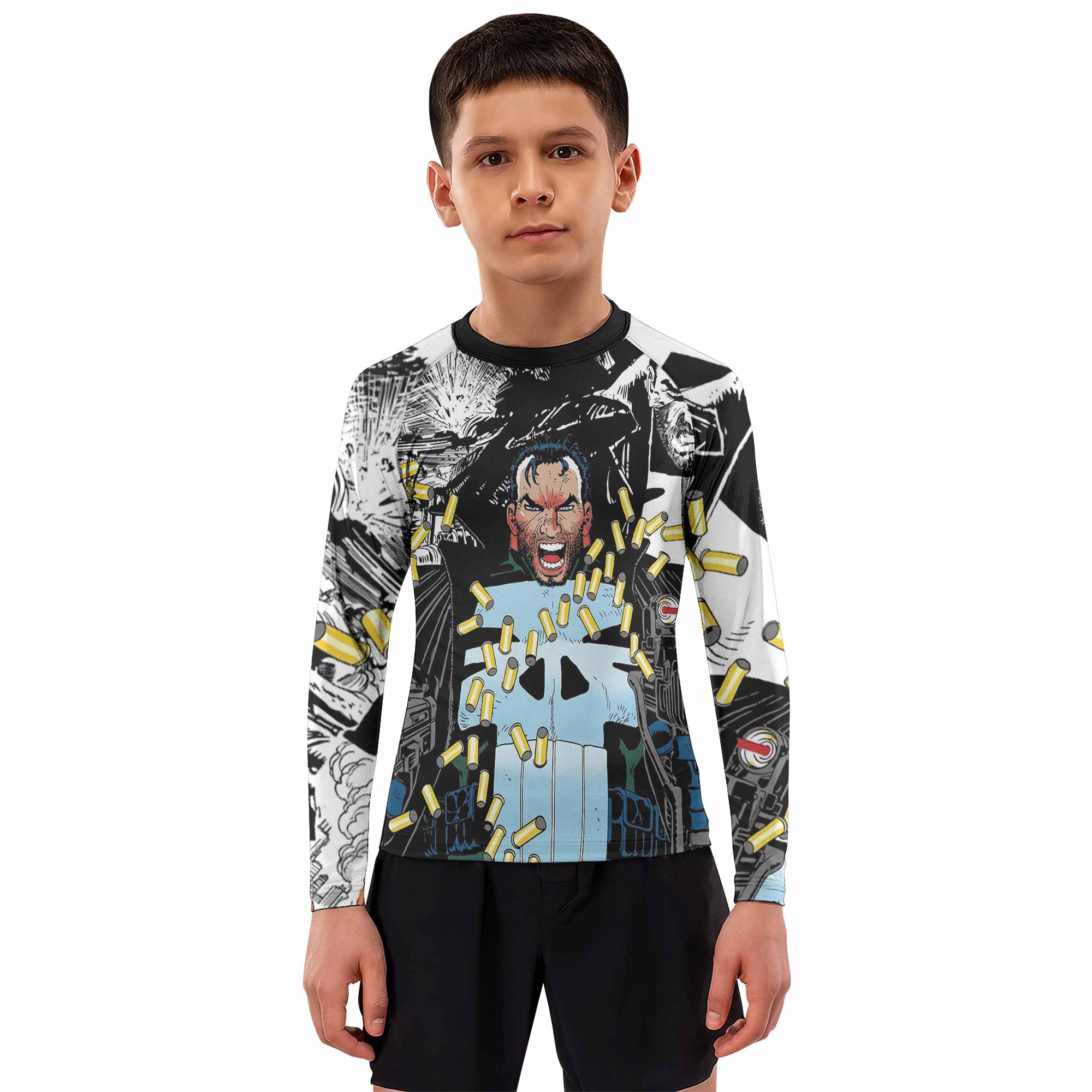 Punisher Bullet Storm Frank Castle Kids Rash Guard Long Sleeve - boy's lifestyle view