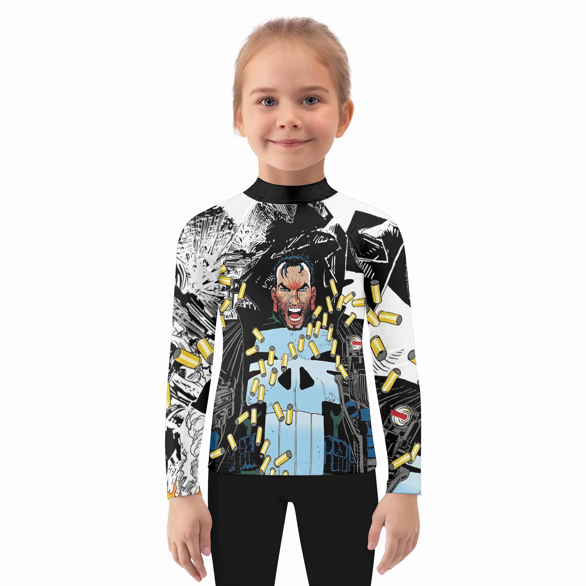 Punisher Bullet Storm Frank Castle Kids Rash Guard Long Sleeve - girl's lifestyle view