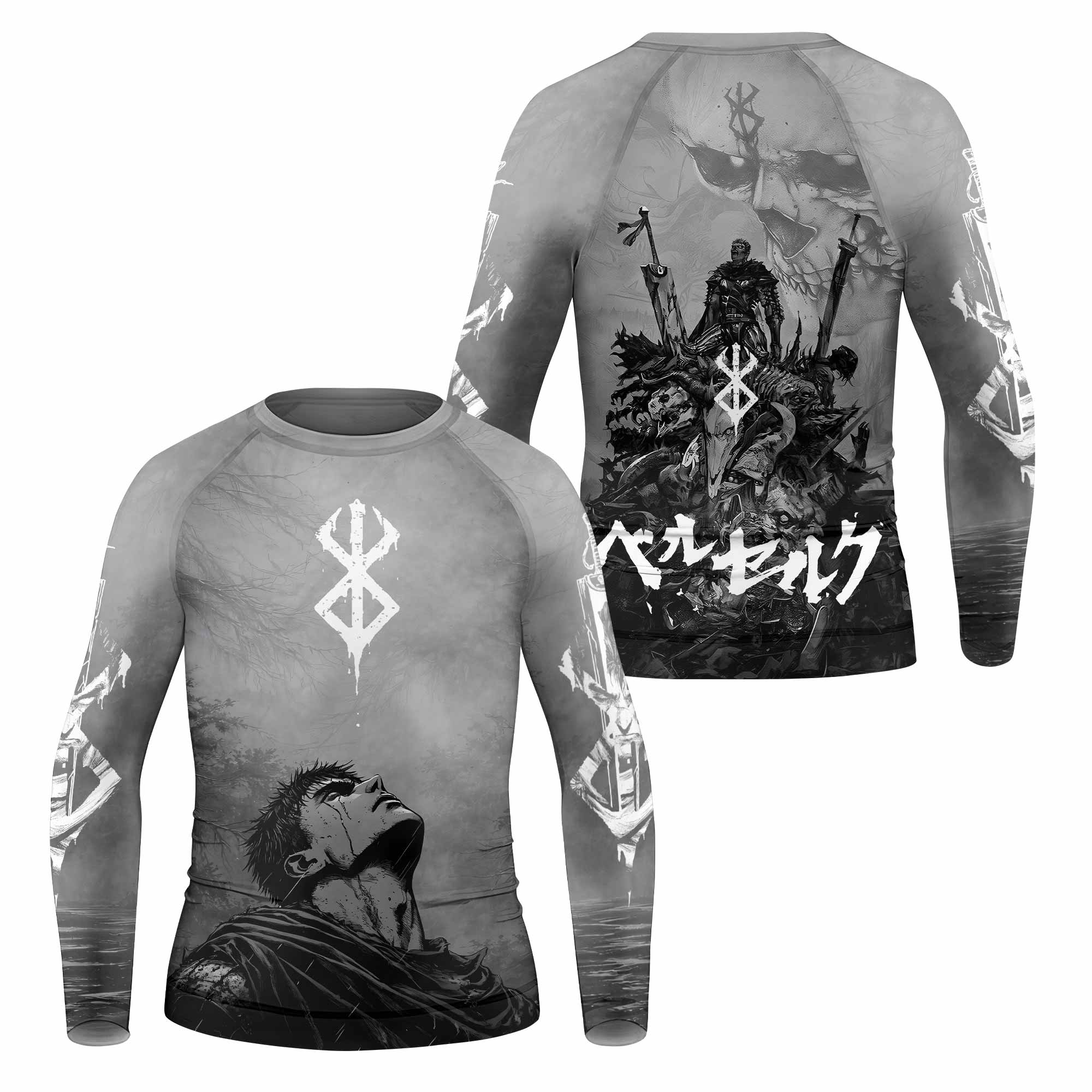 Berserk Guts Sorrow Kids Rash Guard Long Sleeve - front and back view