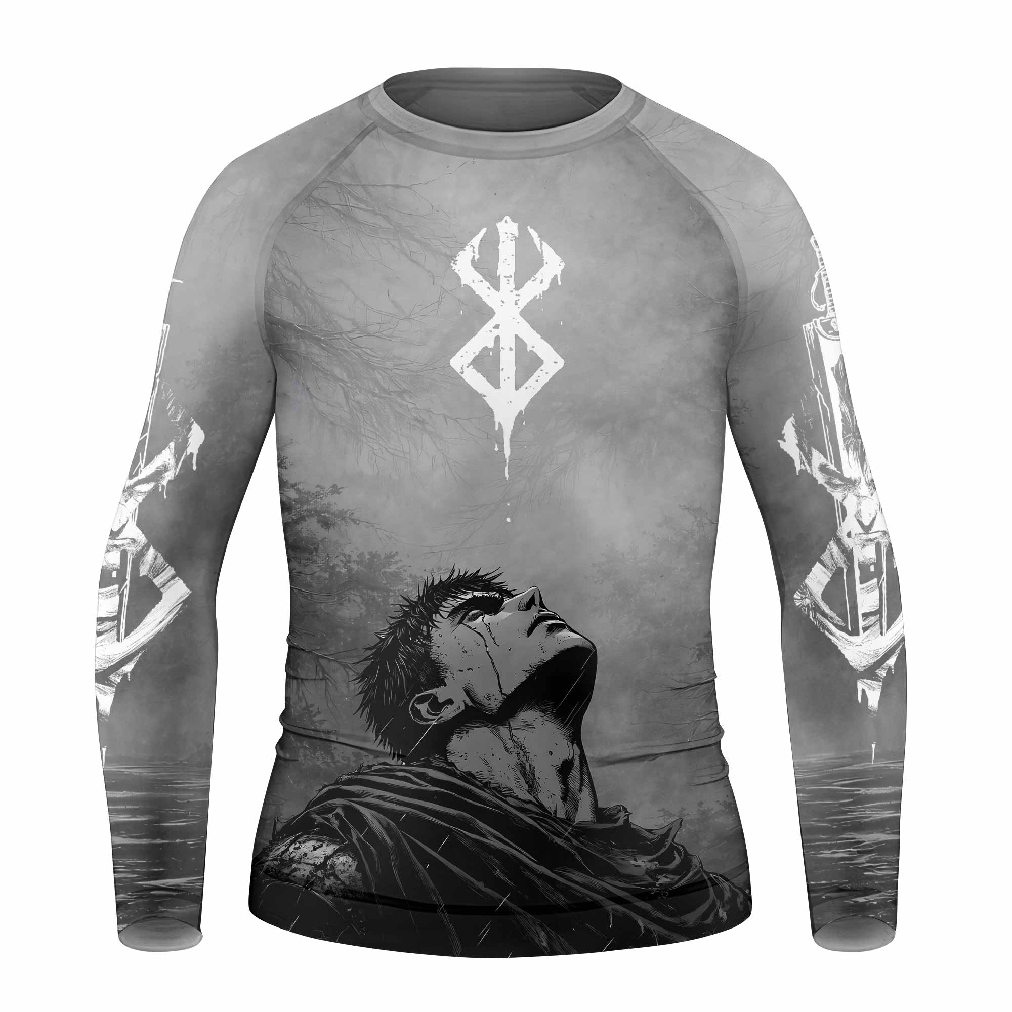 Berserk Guts Sorrow Kids Rash Guard Long Sleeve - front view mockup