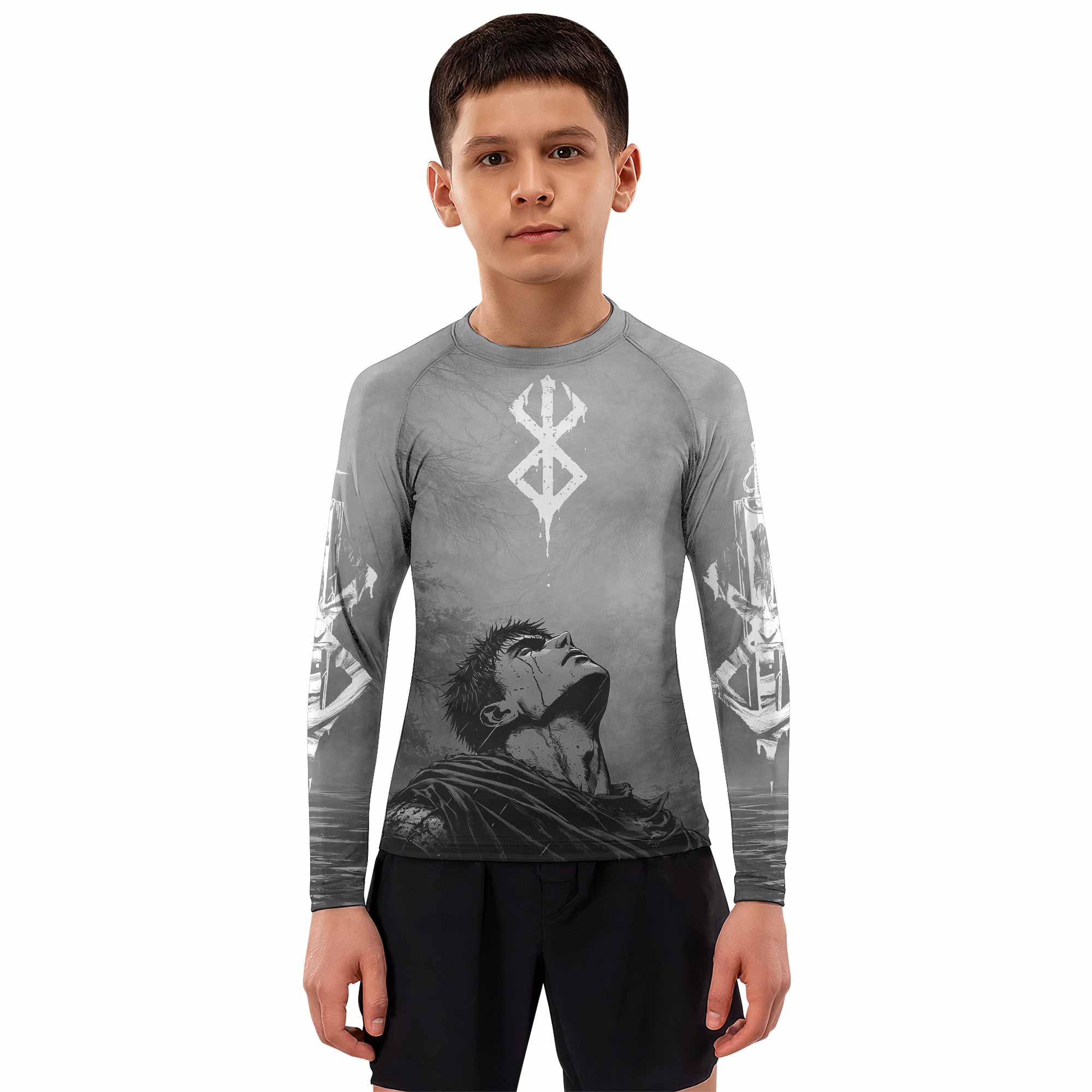 Berserk Guts Sorrow Kids Rash Guard Long Sleeve - boy's lifestyle view