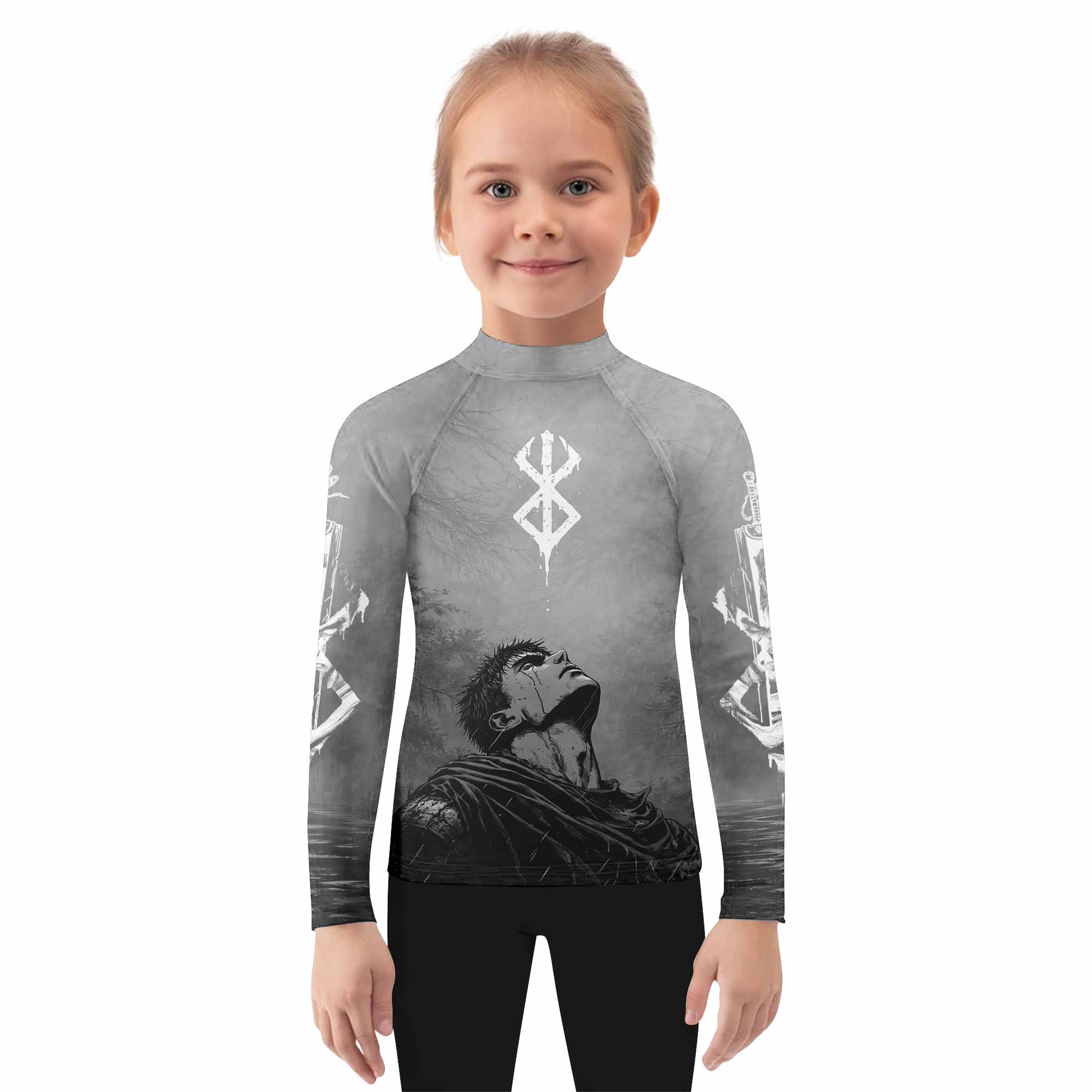 Berserk Guts Sorrow Kids Rash Guard Long Sleeve - girl's lifestyle view