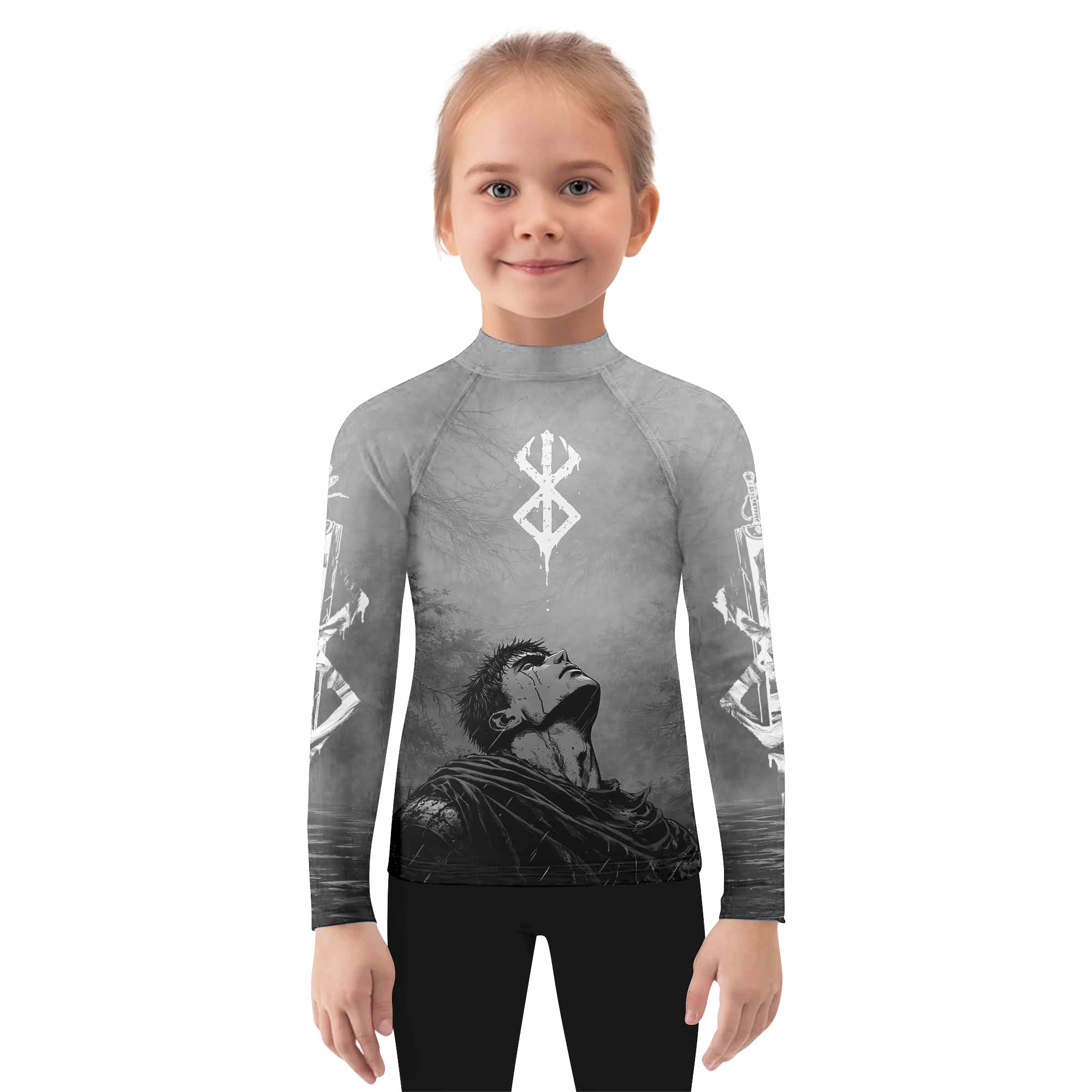 Berserk Guts Sorrow Kids Rash Guard Long Sleeve - girl's lifestyle view