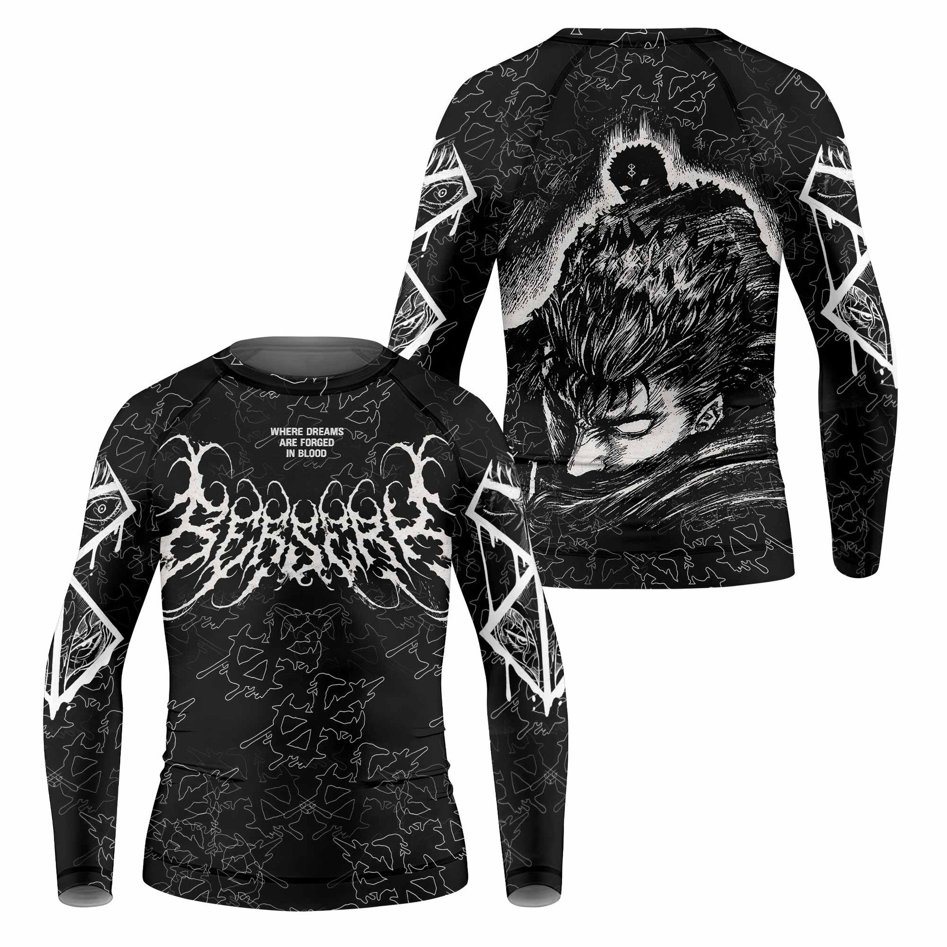Berserk Forged In Blood Kids Rash Guard Long Sleeve - front and back view