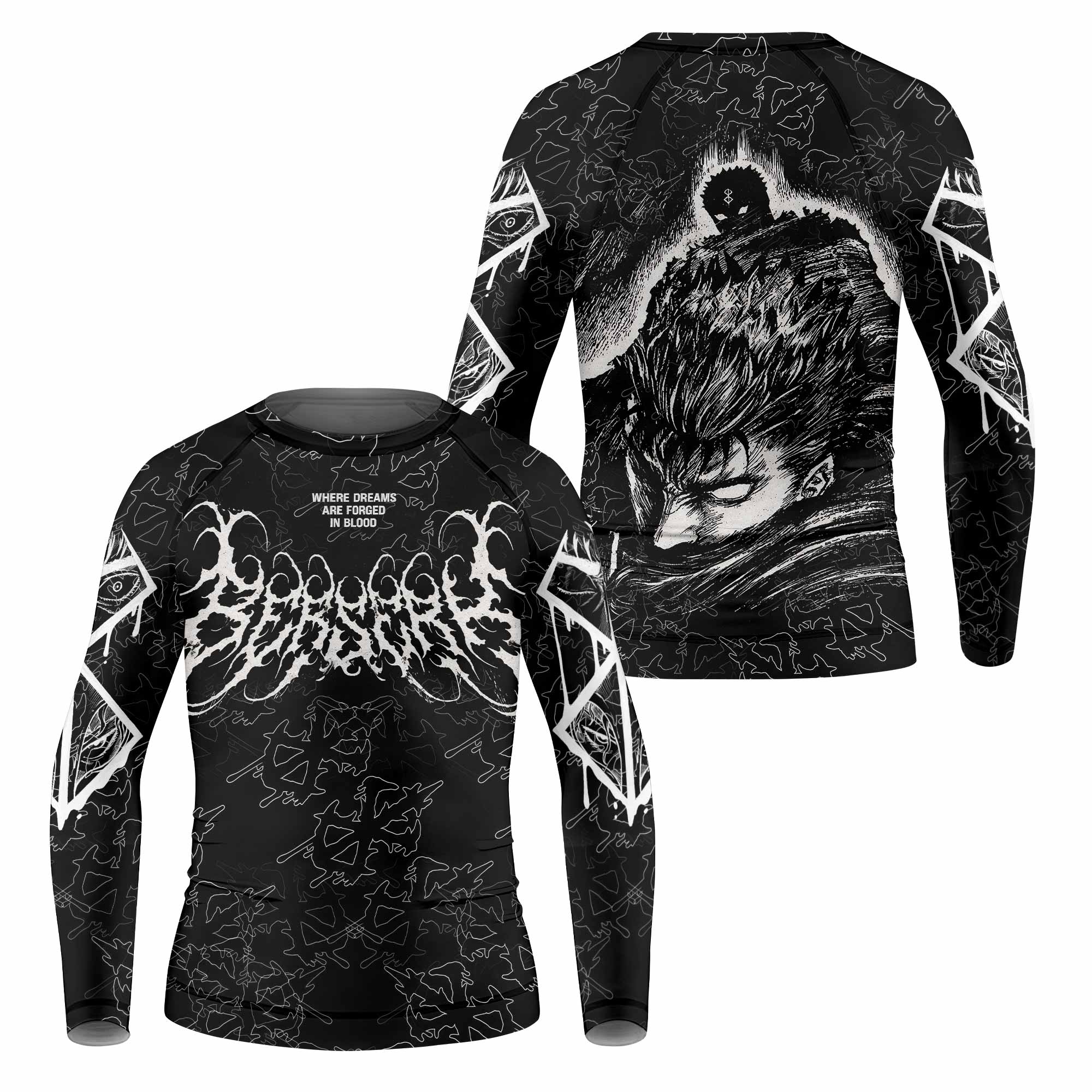 Berserk Forged In Blood Kids Rash Guard Long Sleeve - front and back view