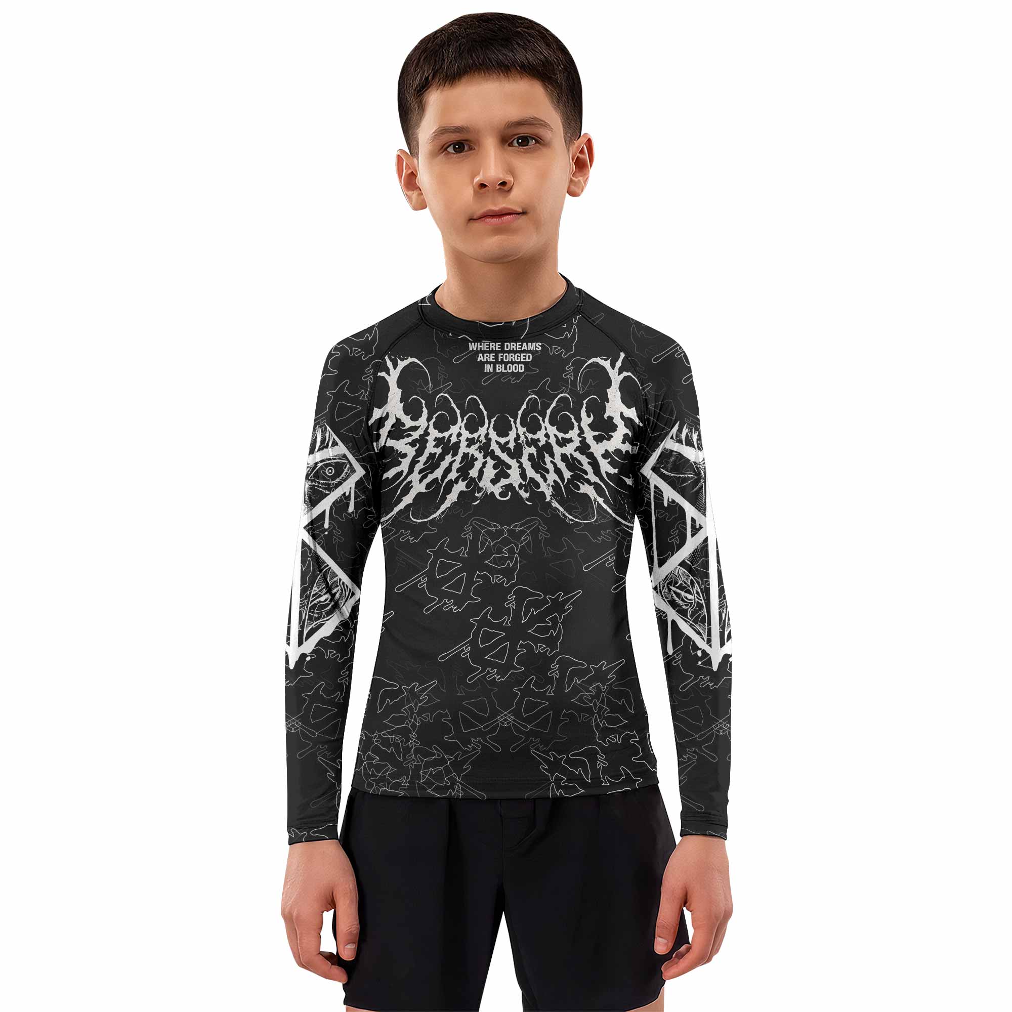 Berserk Forged In Blood Kids Rash Guard Long Sleeve - boy's lifestyle view