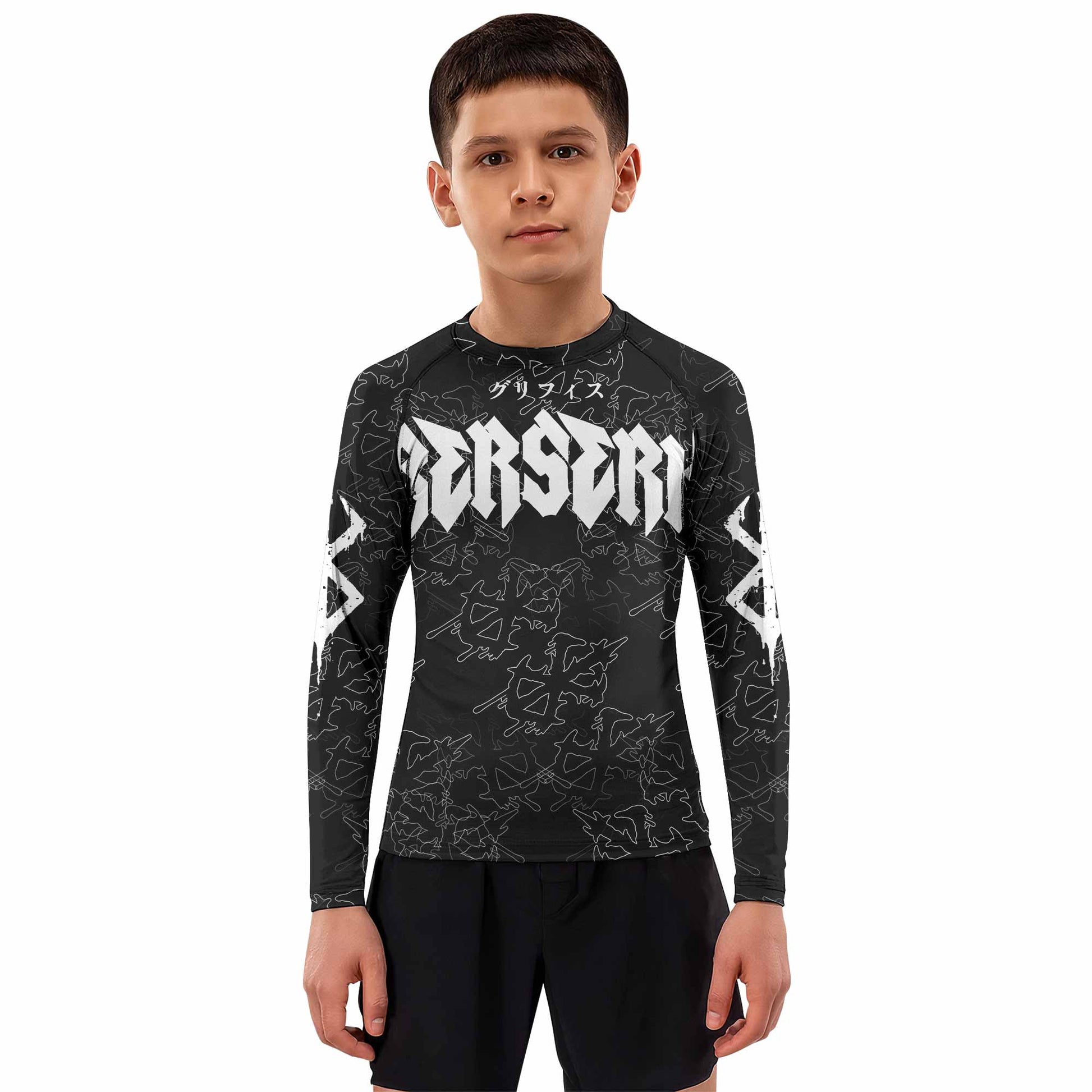 Berserk Dragon Slayer Skull Kids Rash Guard Long Sleeve - boy's lifestyle view