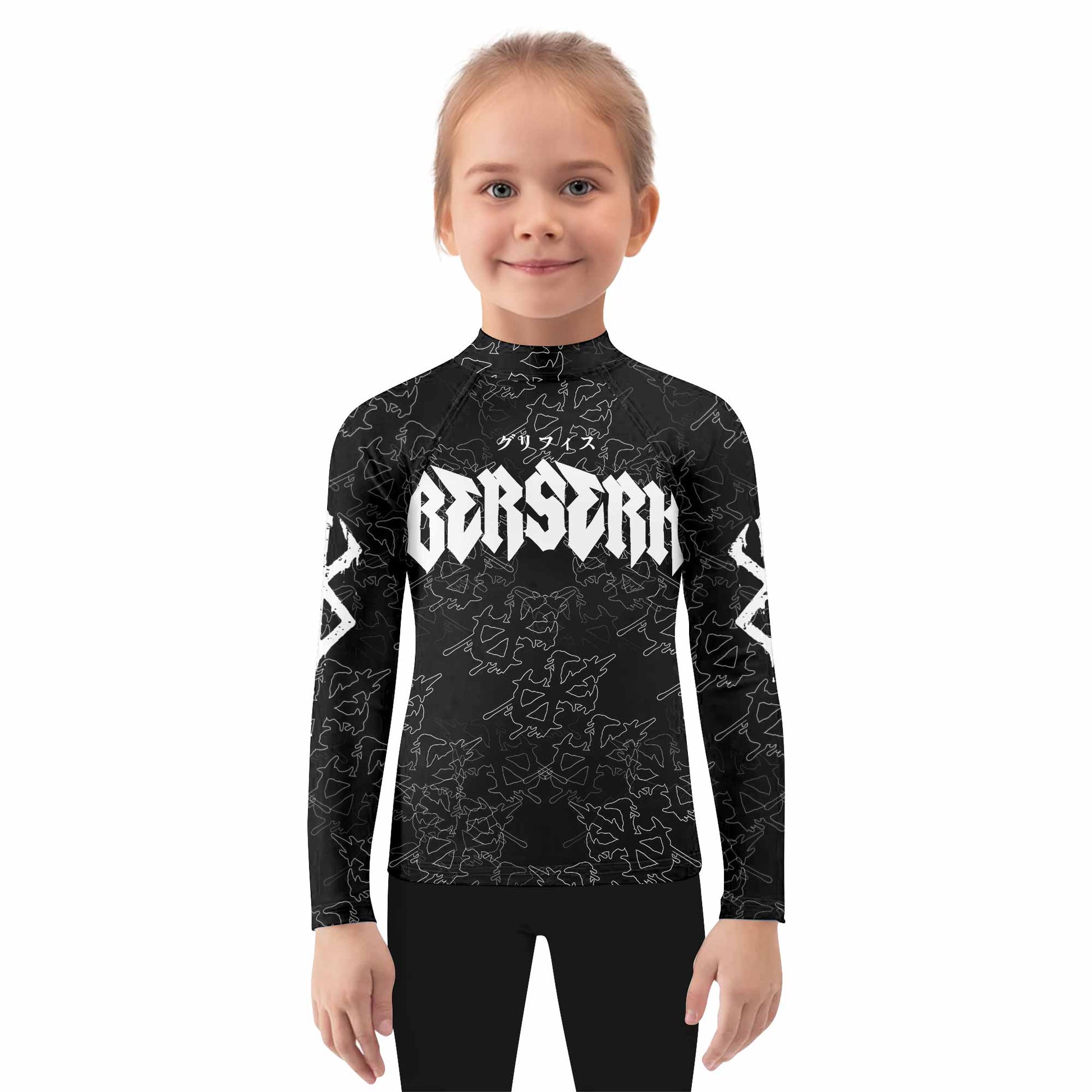 Berserk Dragon Slayer Skull Kids Rash Guard Long Sleeve - girl's lifestyle view