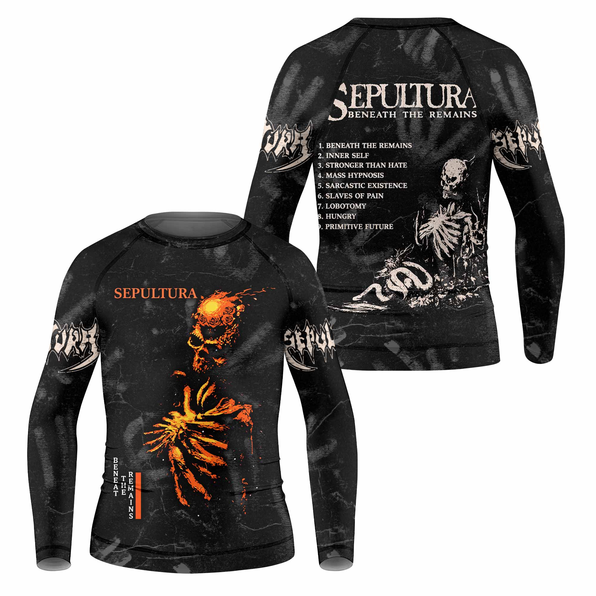 Sepultura Beneath the Remains Kids Rash Guard Long Sleeve - front and back view