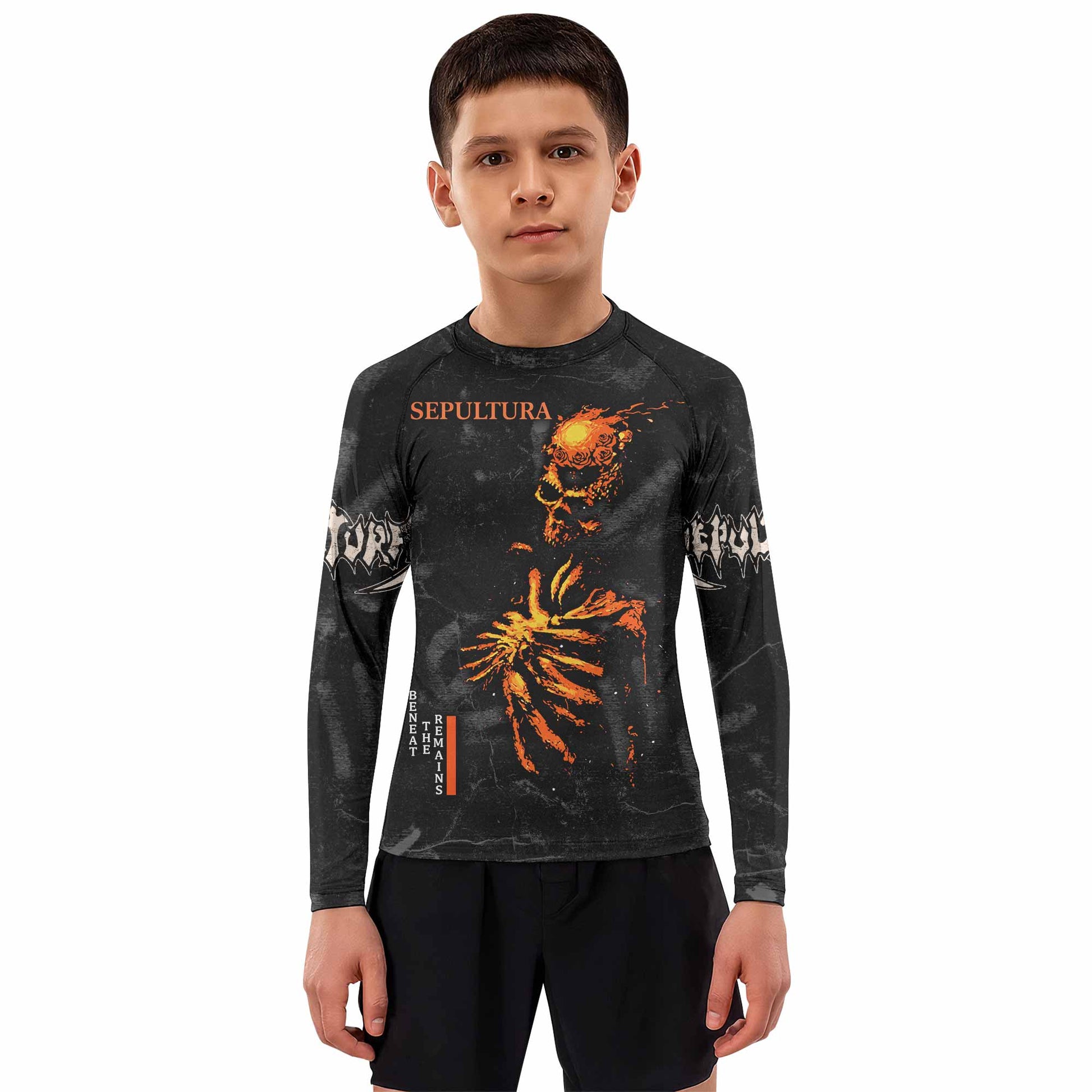 Sepultura Beneath the Remains Kids Rash Guard Long Sleeve - boy's lifestyle view